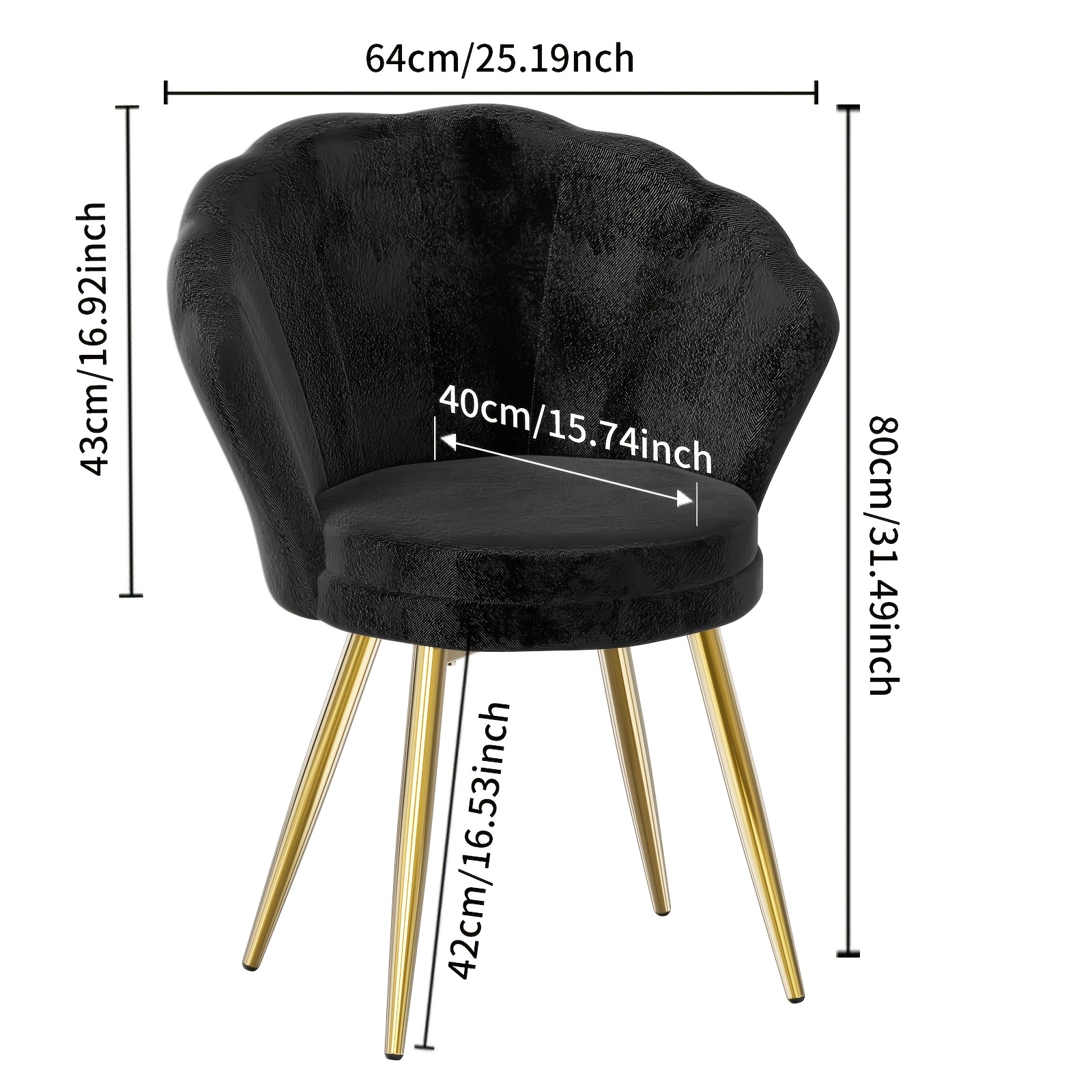  . samtfauteuil mit weicher samt-rückenlehne goldenen stuhlbeinen,   für wohnzimmer, schlafzimmer oder schminktisch, größe: 42 x 40 x 80 cm, schwarz