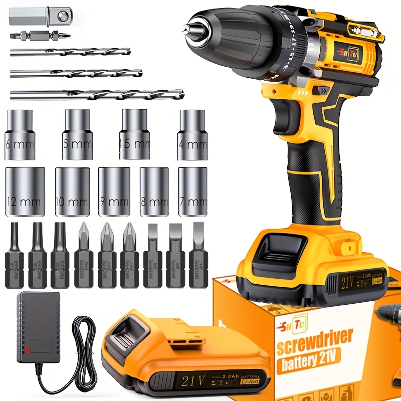 TEMU 21 Volt Wireless Impact Wrench Drill Set, Heavy-duty Impact Drill, Optional 2ah/4ah Battery, Toolbox, Charger, And Complete Set Of Drill Bit