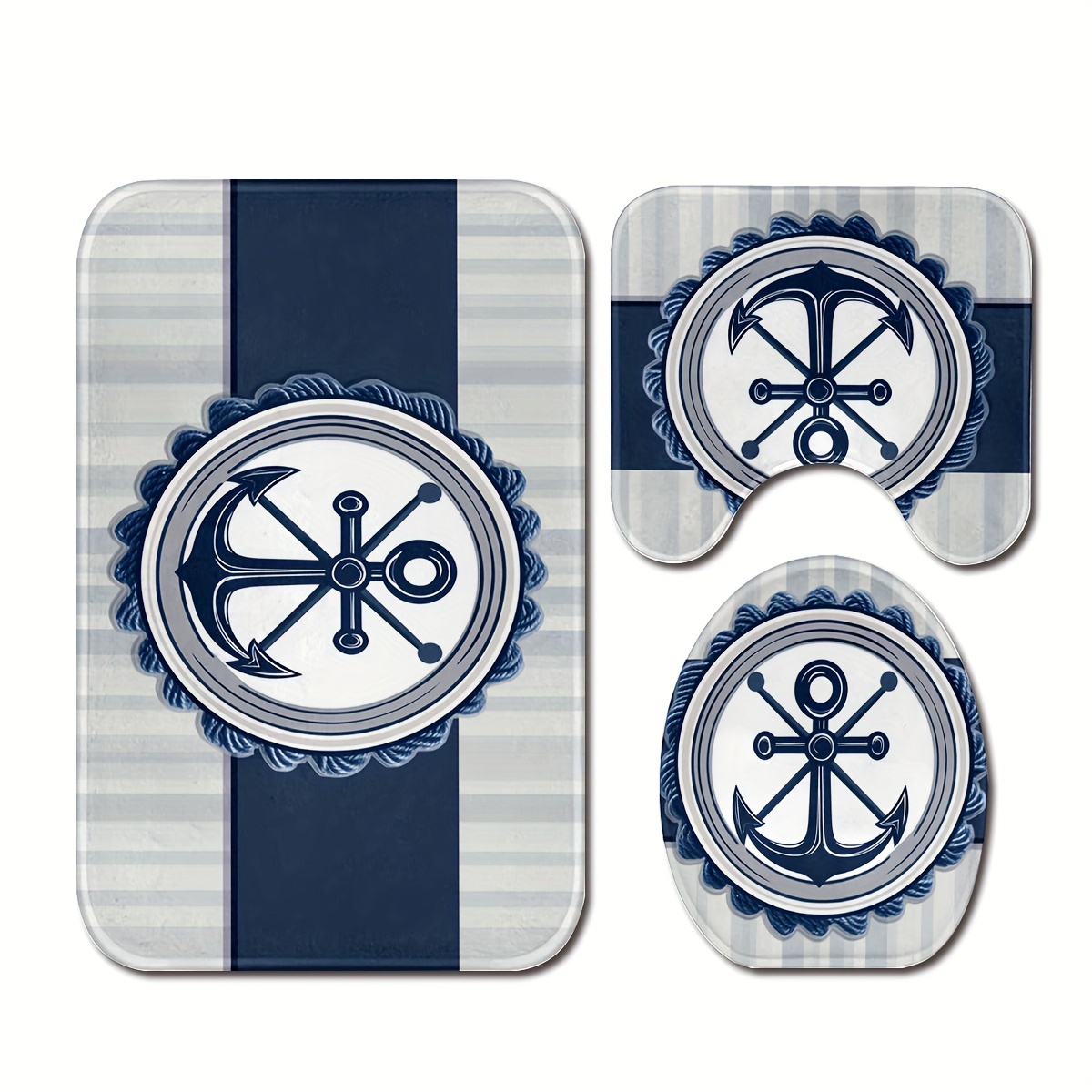 TEMU 3pcs Anchor Pattern Bathroom Bath Mat Set Washable Floor Covering Carpet Bathroom Bedroom Decor Set Includes Bath Blanket, U-shaped Mat And