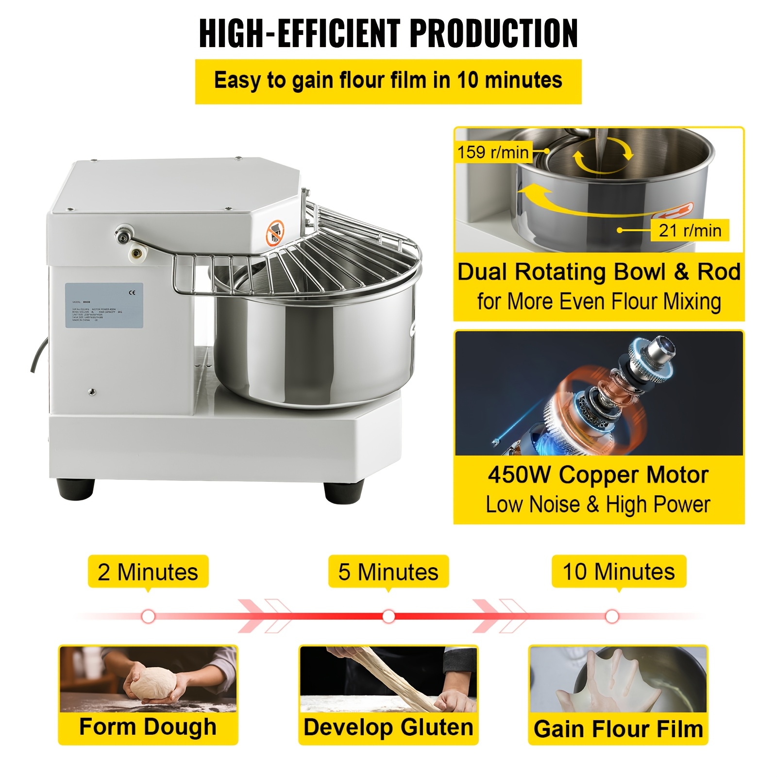 8 5qt commercial food mixer 450w dual rotating dough   stainless steel bowl   timer baking equipment for restaurant   Product details 7