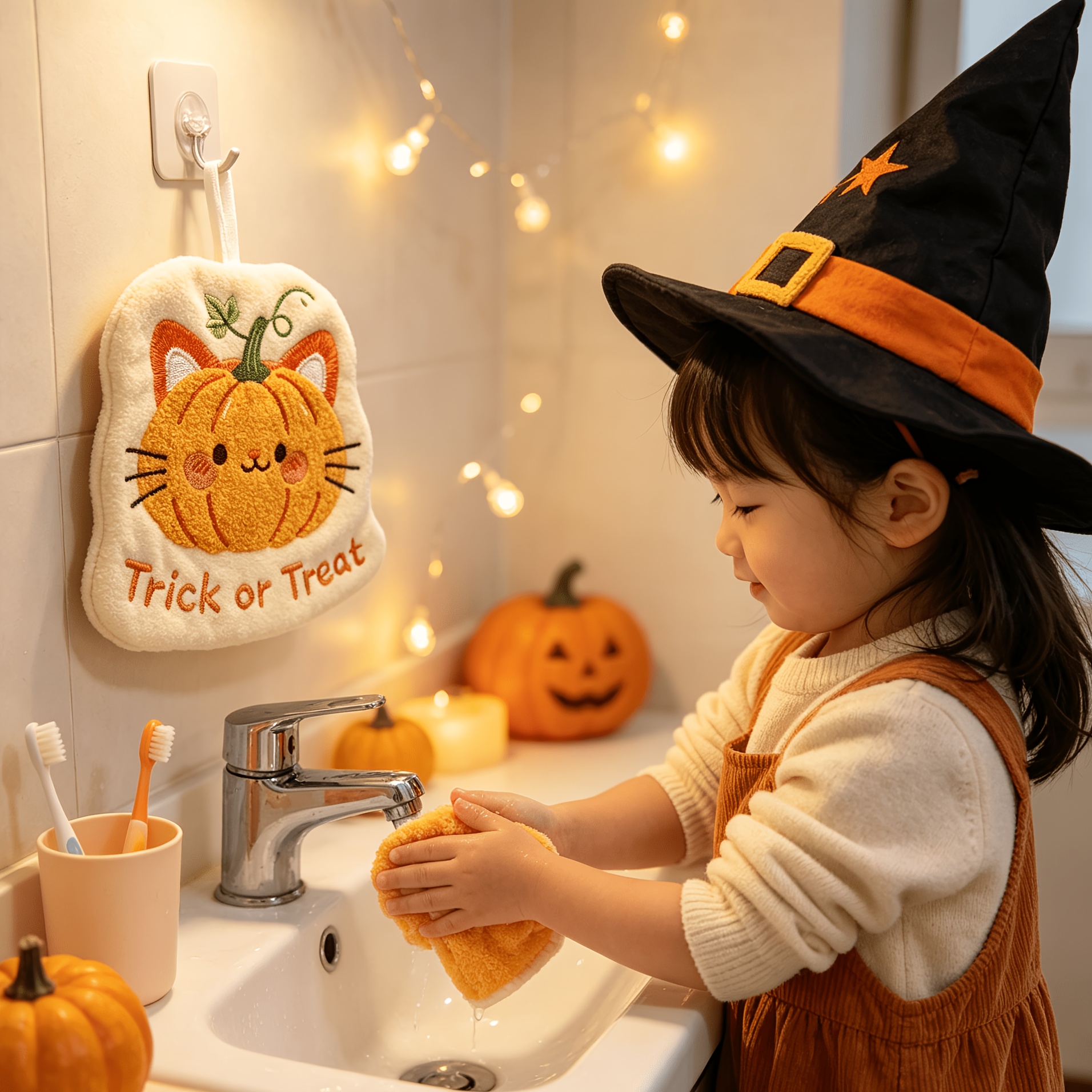 TEMU Halloween Cat Print Hanging Hand Towel Absorbent Quick Dry Thick Kitchen Bathroom Wall Mounted Hand Drying Sink