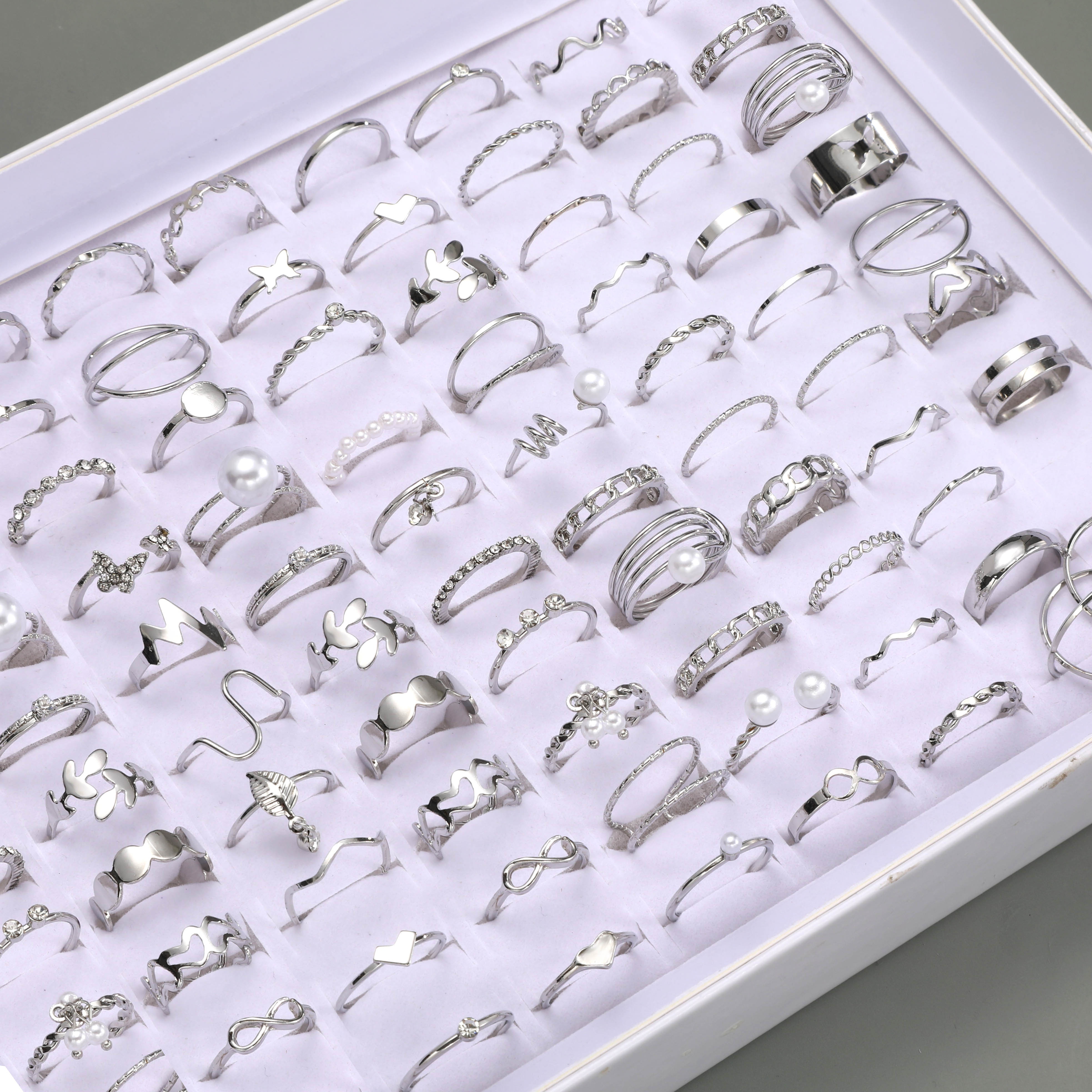 64pcs Gothic Silver Openwork Stackable Ring Set for Girls