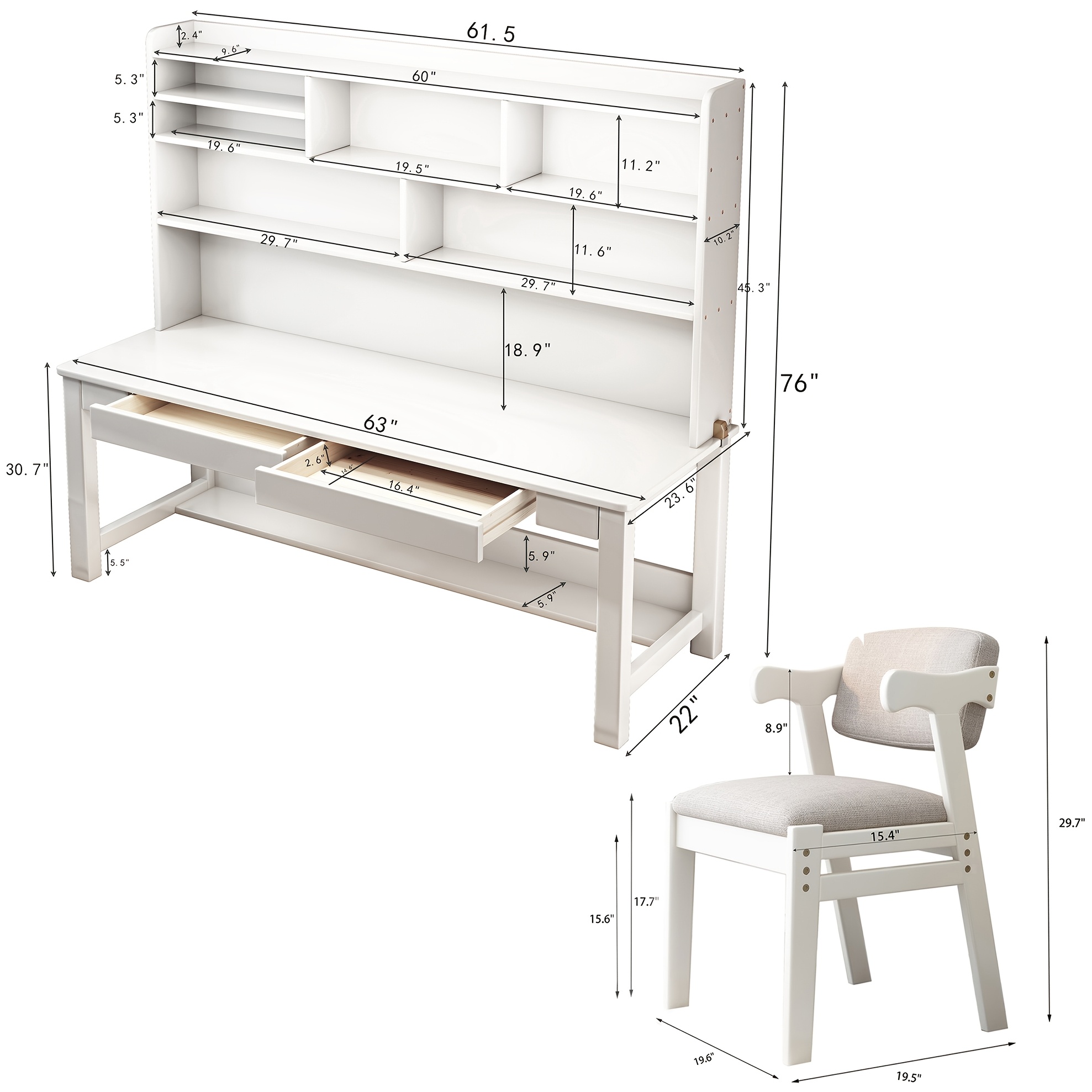 63 modern solid wood desk with built in bookshelf 2 chairs space saving writing desk shelf combo suitable for small apartments dorm rooms study desk assembly Product details 4