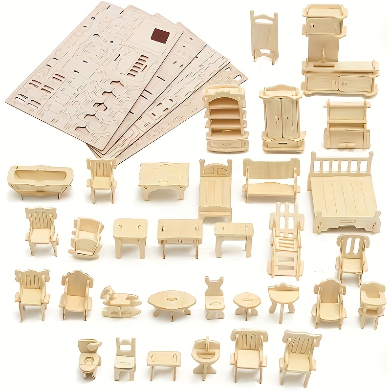 

34pcs Miniature House Furniture Set, Diy Dollhouse Model Kit, Wooden Pieces, With Accessories For 14+