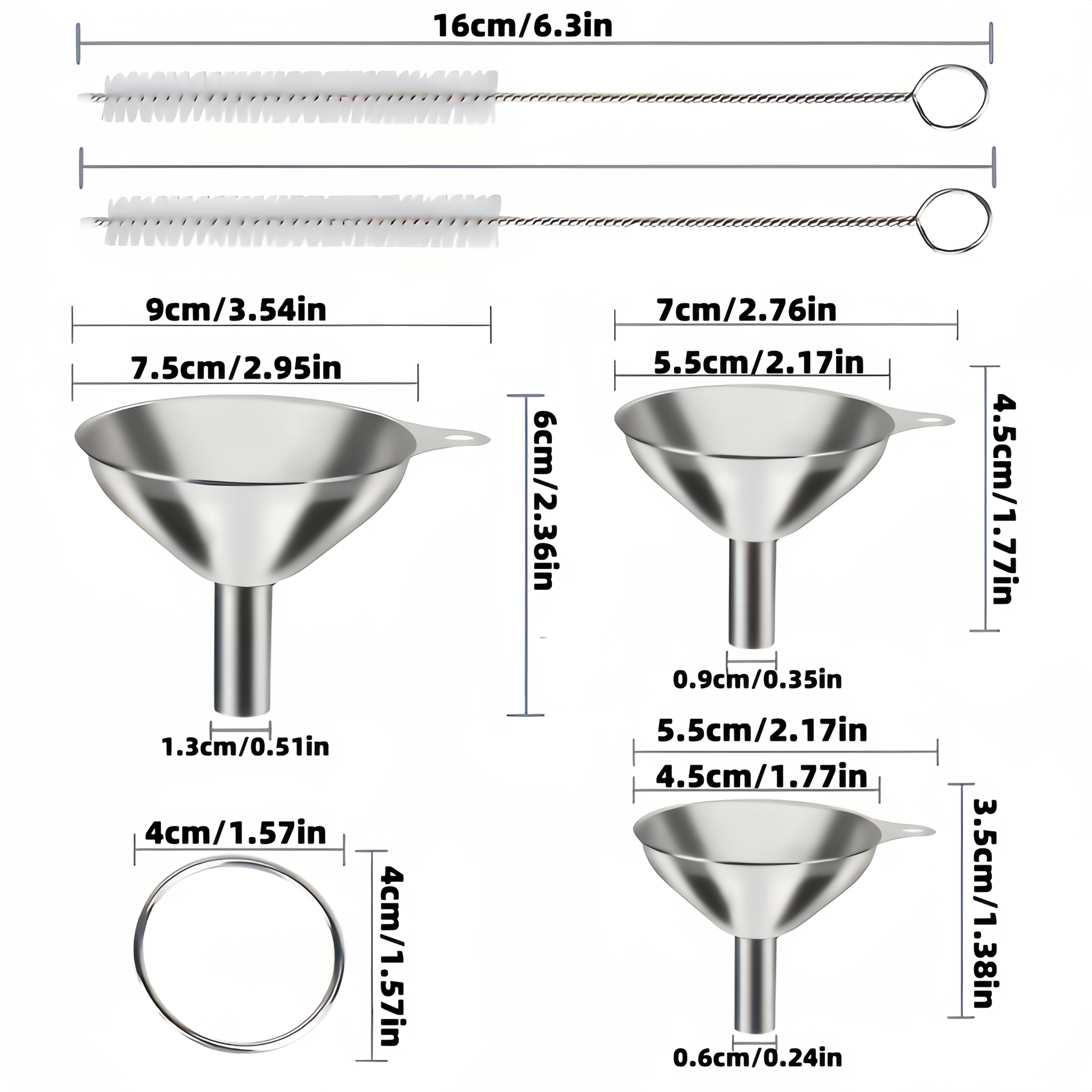 

This Set Includes 5 Stainless Steel Funnels, Funnels For - Use, Essential , Equipped A Brush, Can Be Used For A Long Time.