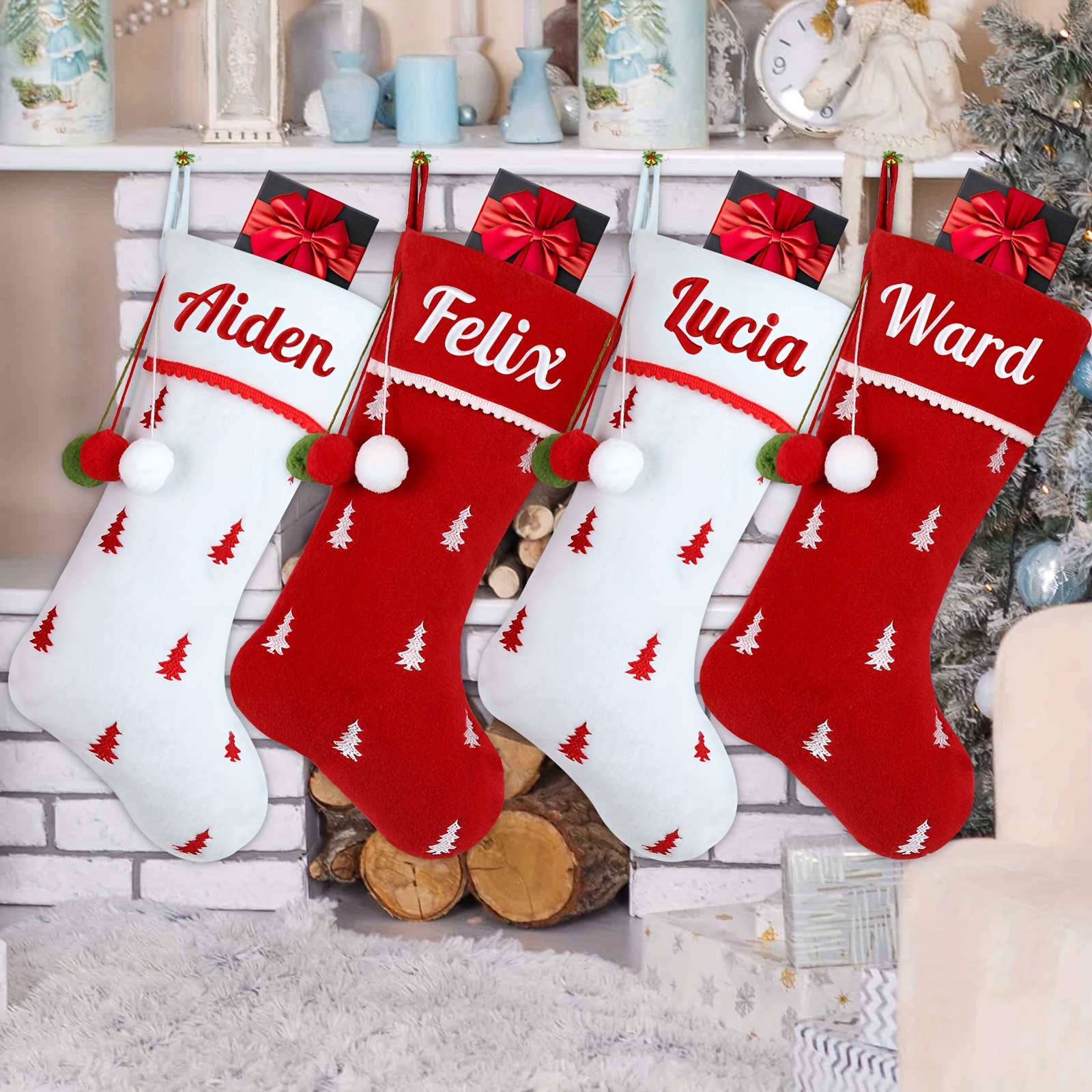 

Customizable Large Christmas Stockings - Personalized Red & -hanging Ornaments With Embroidered Design, Perfect For Family Holiday Decor