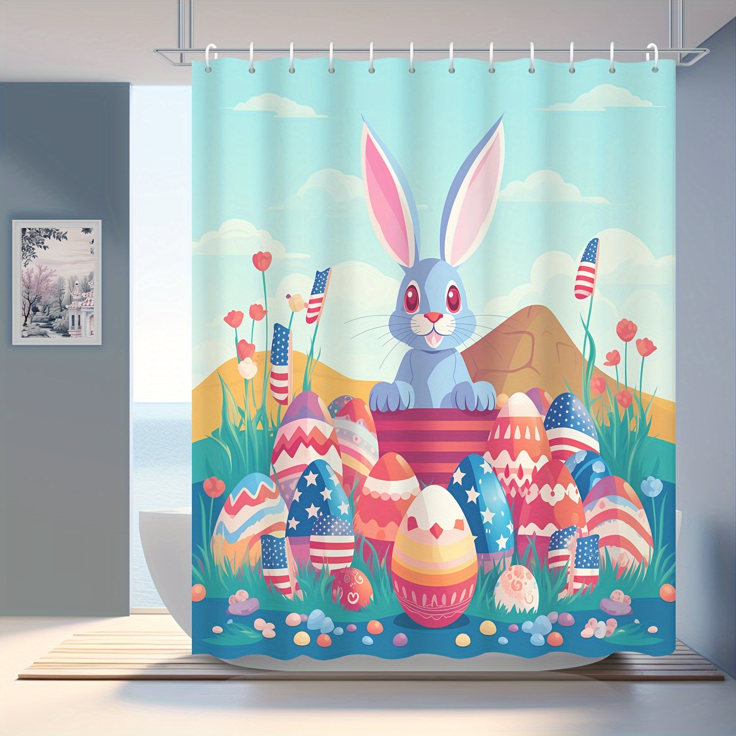 Rabbit Egg Printed Shower Curtain Cartoon Cute Waterproof - Temu