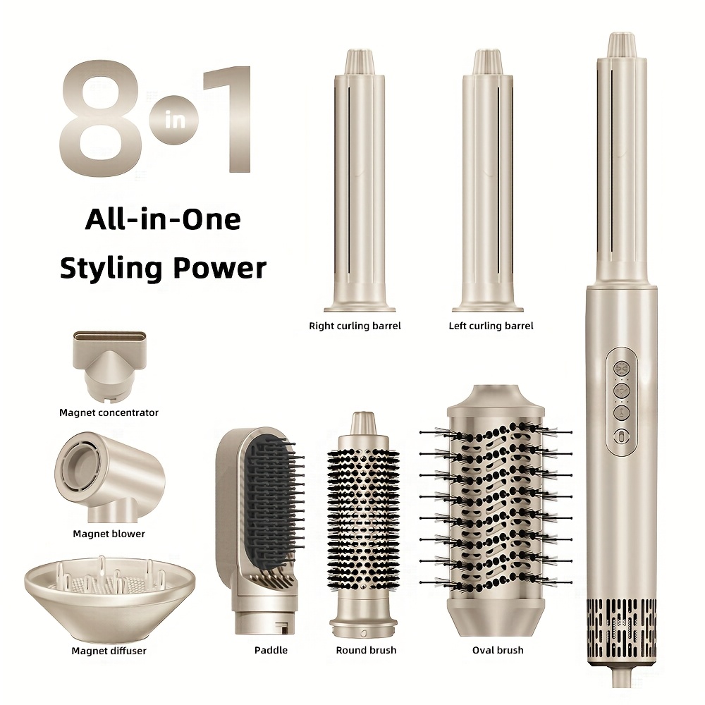 TEMU 8in 1 Hair Styler & Hair Dryer Straightener Comb Curler Brush Blow Dryer 110 000 Rpm Hot Brush Styler And Auto Wrap Curlers For Smoothing Straightening Curling Drying Volumizing Golden Color Gift