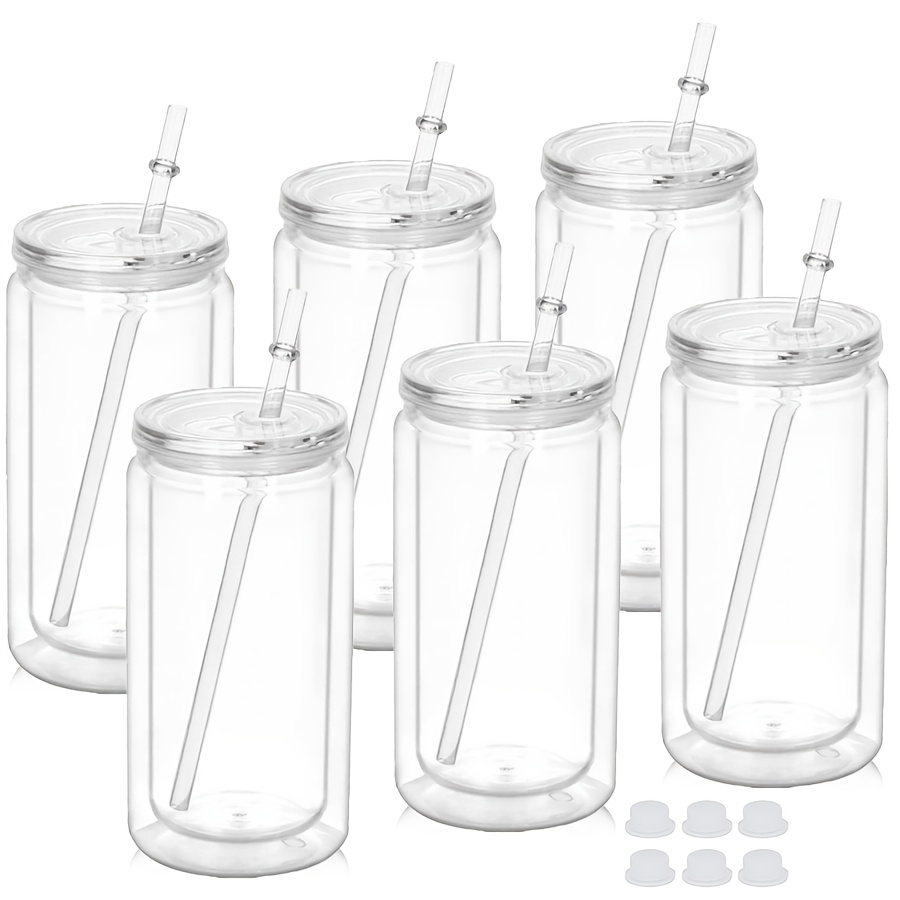 TEMU 6pcs Double-walled Plastic Water Bottles | With Straw And Lid, Snowball Cups, Portable, Leak-proof, Reusable Coffee Mugs, Juice Bottles, Camping