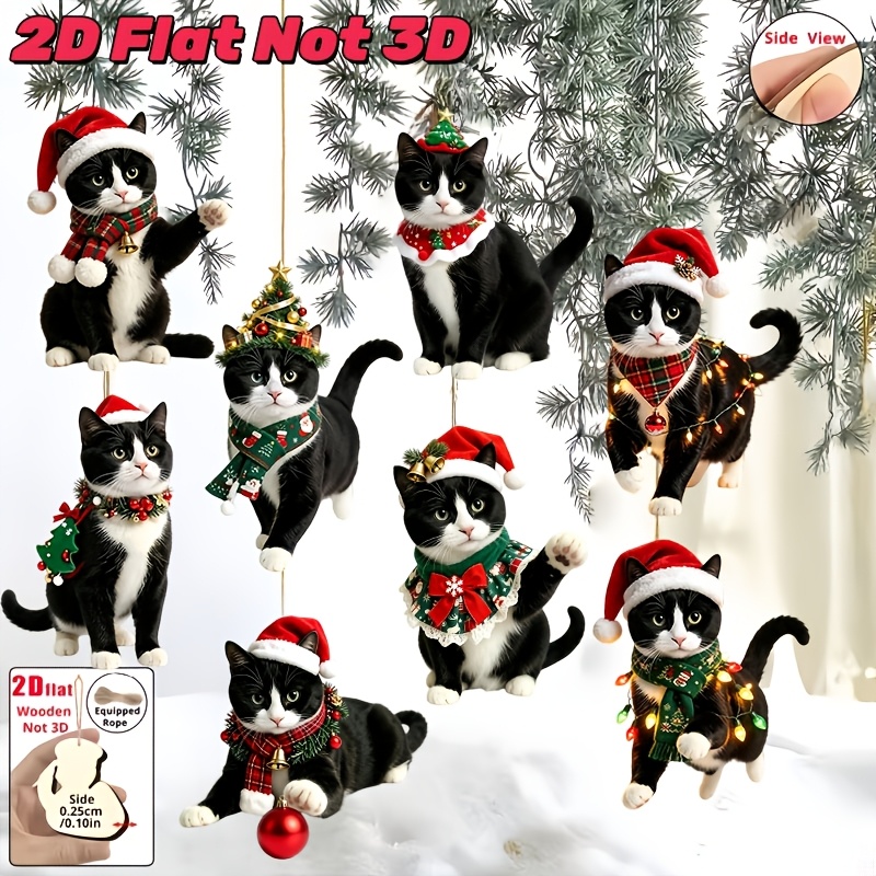 TEMU 2d Flat, 2d Flat Plane, 8pcs Set Of Adorable And Cute Little Black Cat Wooden Hanging Ornaments - 2d Flat Back Christmas Tree Topper And
