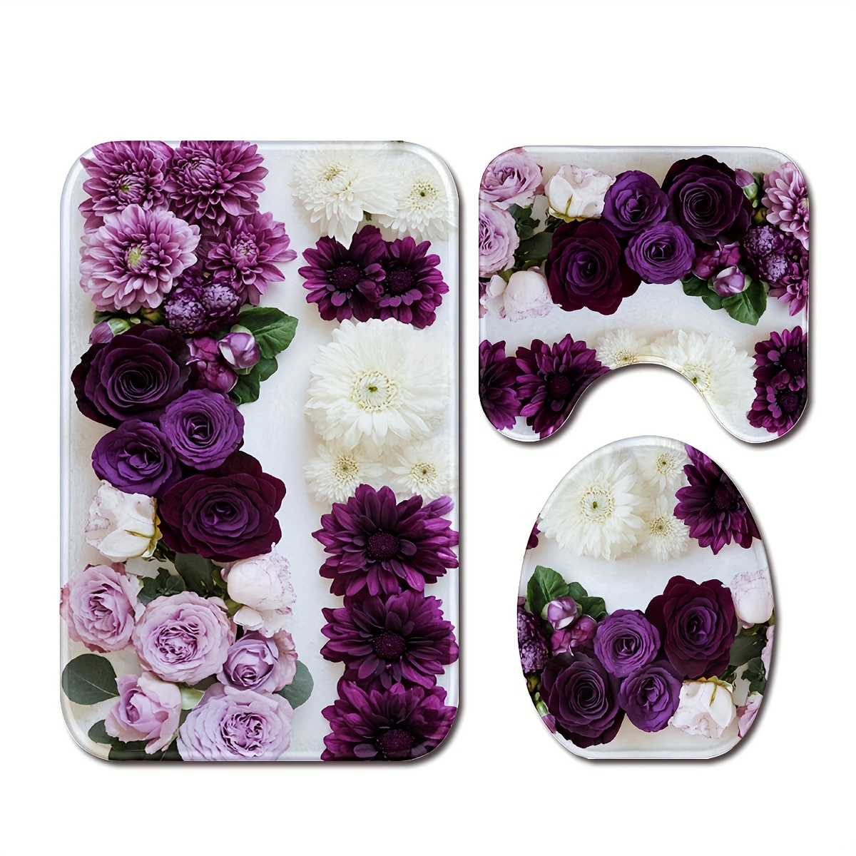 E-shop 3-teiliges Set mit Waschbarem Bodenbelag für Badezimmer mit Violetter Rosenmuster-Teppich, Set für Schlafzimmer und Badezimmer, Inklusive