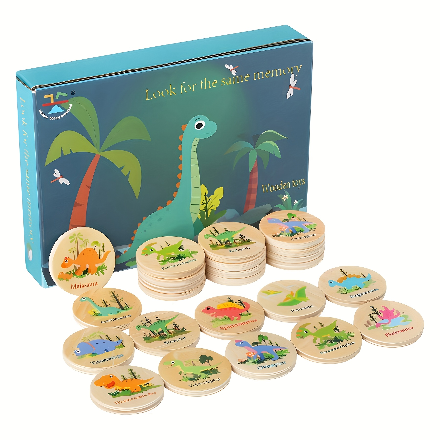 Wood Memory Board with Dinosaurs, Matching Game, Puzzle, Find Matching Dinosaurs, Toy