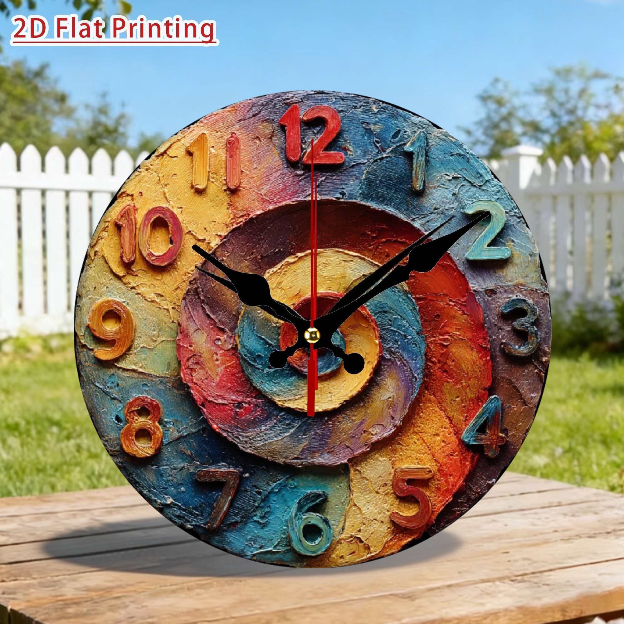 TEMU A 2d Flat Abstract Spiral Wall Clock Featuring A Colorful Textured Design, Multicolored Numbers, A Nail Slot For Installation, A Precise