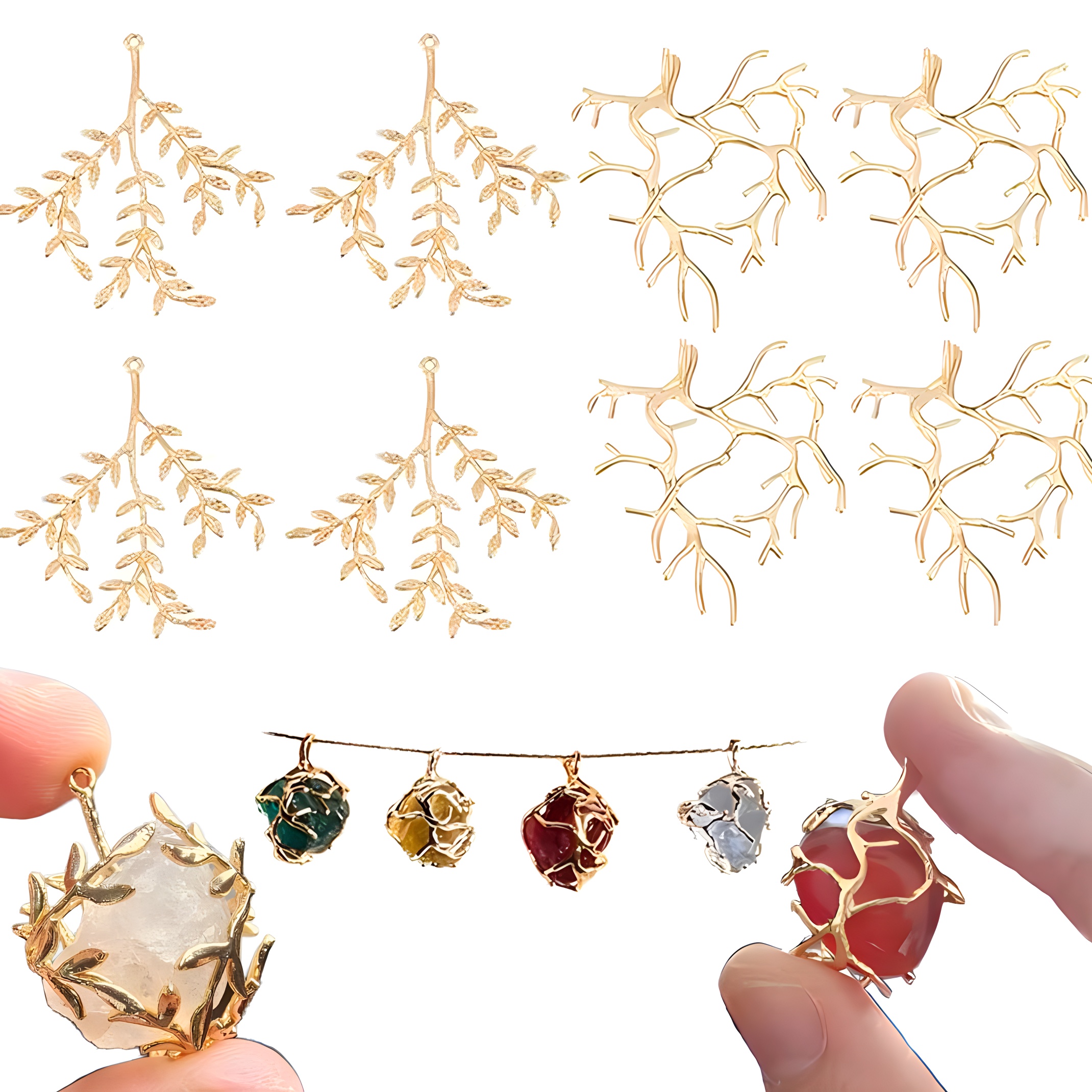 

8pcs Making Kit: 4 Golden Branch & -shaped Crystal Pendant Trays - Handcrafted Necklaces, Earrings, Bracelets - Bohemian Style Supplies