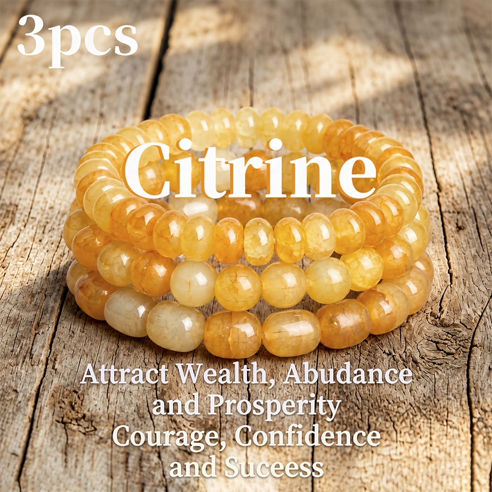 TEMU 3pcs Citrine Bracelet, Natural Stone Unisex Bracelet, Suitable For Career, Wealth, And Money, Ideal For Daily Wear, Unisex, Gift For Or