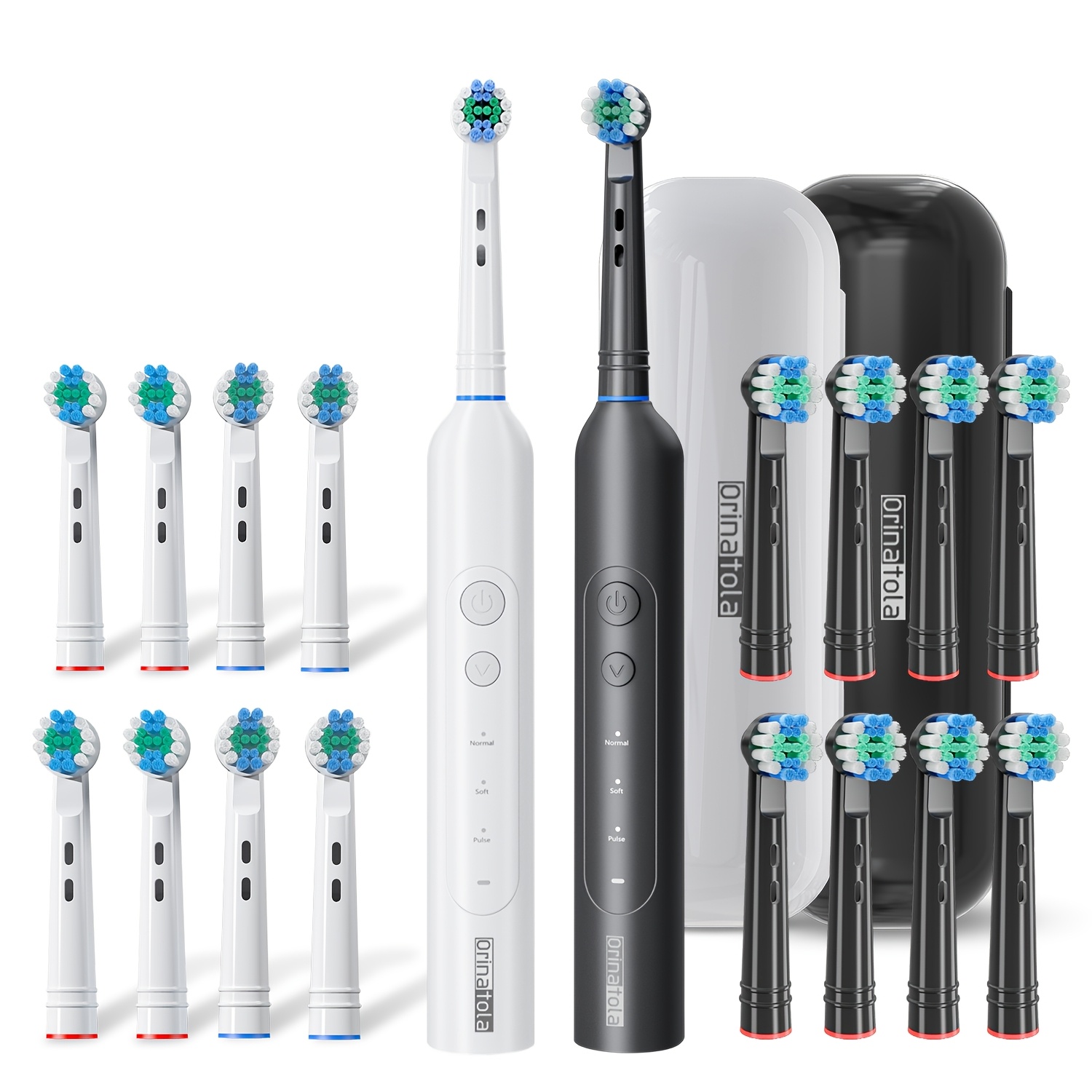 Een oplaadbare elektrische tandenborstel voor volwassenen, met een compacte ronde roterende borstelkop voor effectieve reiniging, IPX7-klasse, en inclusief 8 vervangende borstelkoppen.