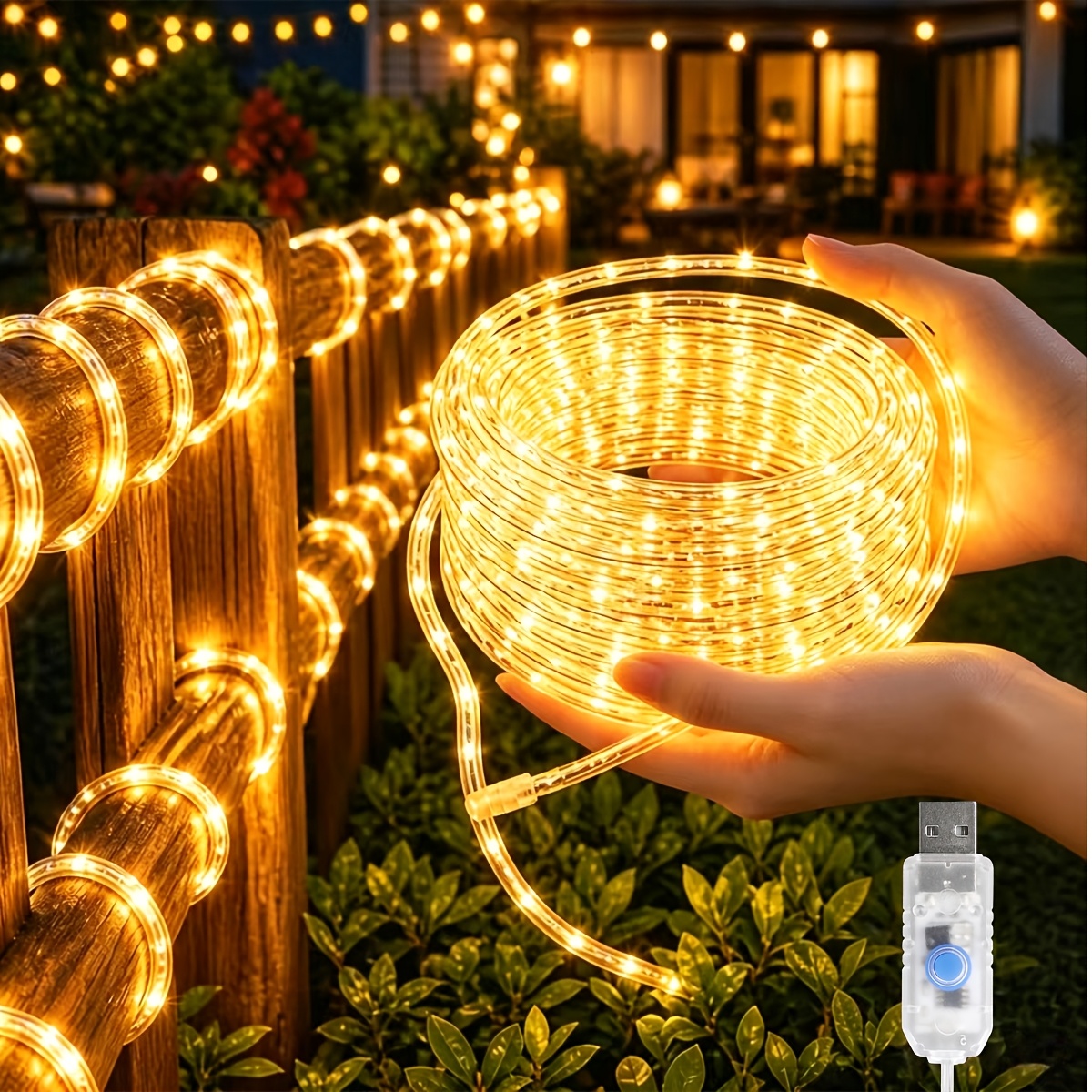 TEMU 1 Courtyard Fairy Light, Led Outdoor Garden Rope Light, Usb, 50/100//200 Led, 8 Button Controlled Lighting Modes, Suitable For Home, Courtyard,