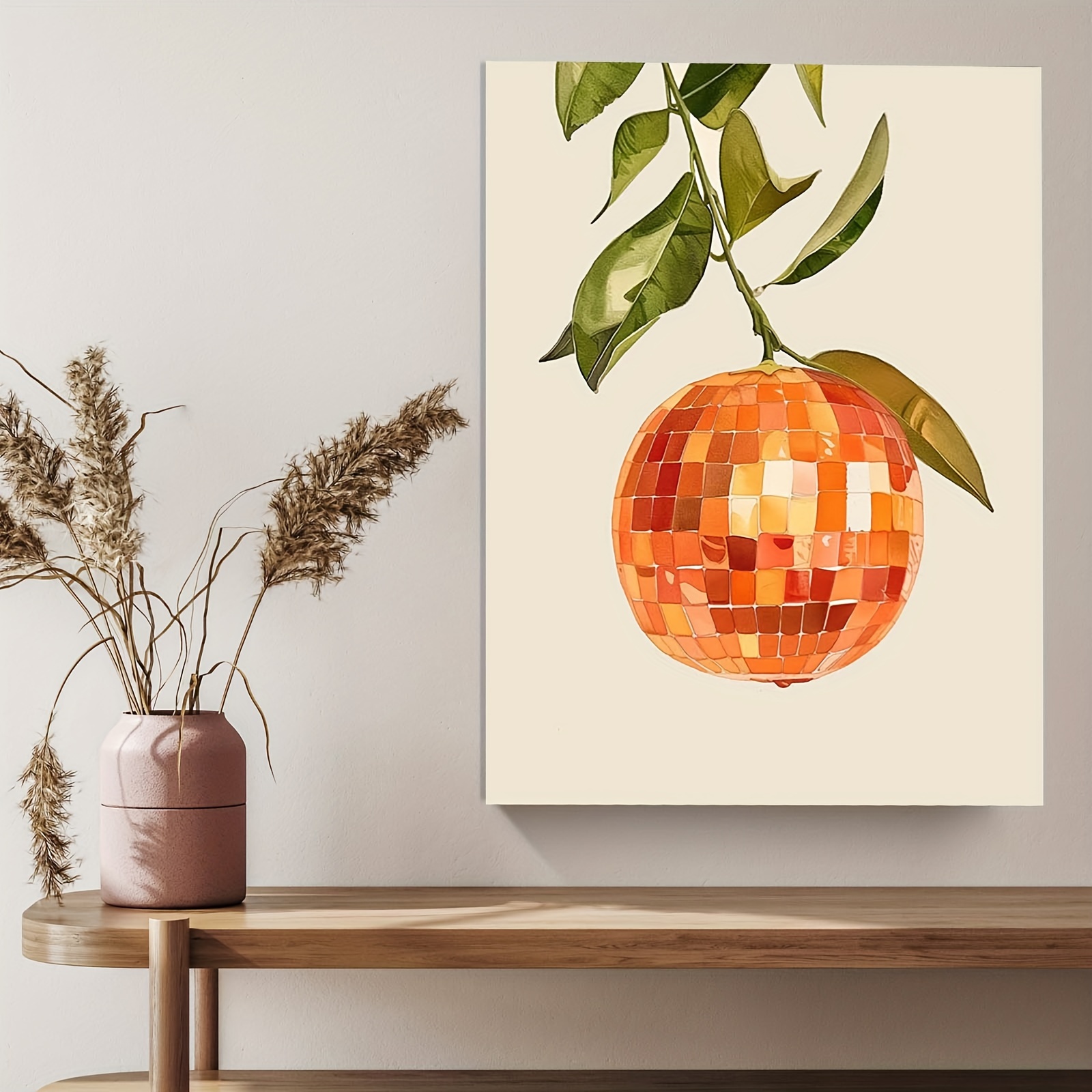 retro orange disco mirror ball print mirror ball bar cart poster preppy citrus fruit ball wall art funky food home decor gift for her framed 1