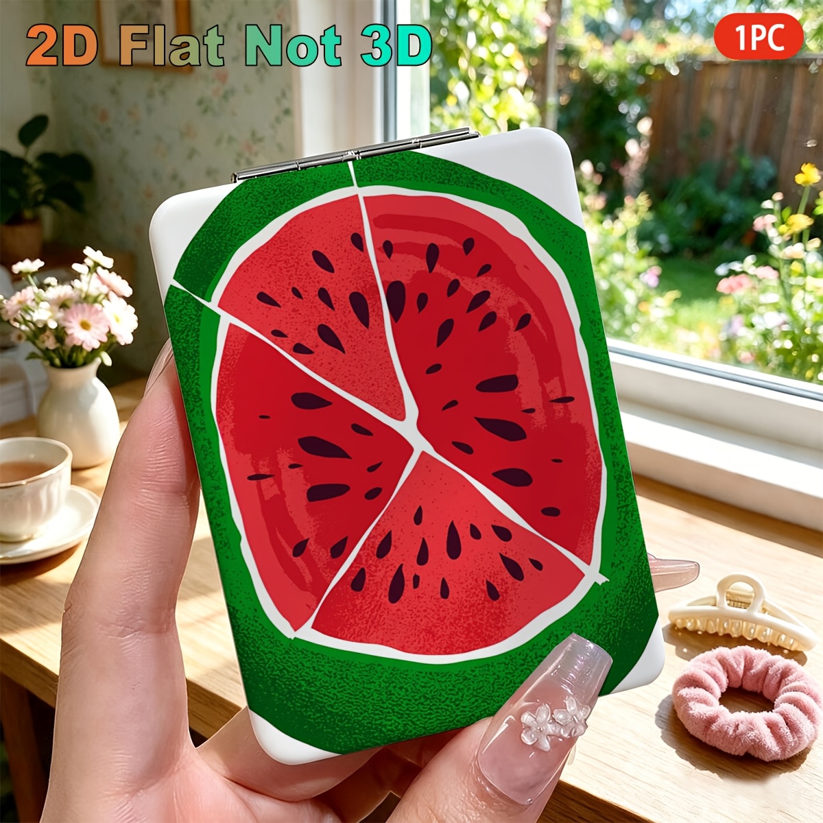 item picture 1pc Watermelon   Mirror Suitable for for Outdoor, for &, Portable Double-Sided Square Mirror with Watermelon, Reusable Polished Compact Mirror for Travel,, Parties, Holiday Gifts, 2D Flat