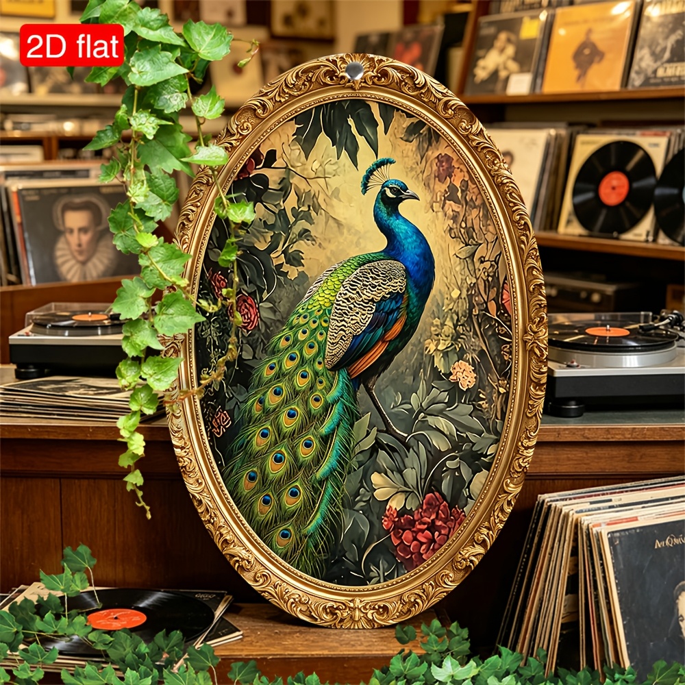 TEMU 2d Flat, A Peacock In A Stands Between Flowers And Green Leaves, Very Suitable For Home, Office, Cafe, And Holiday Decoration, Oval Wooden