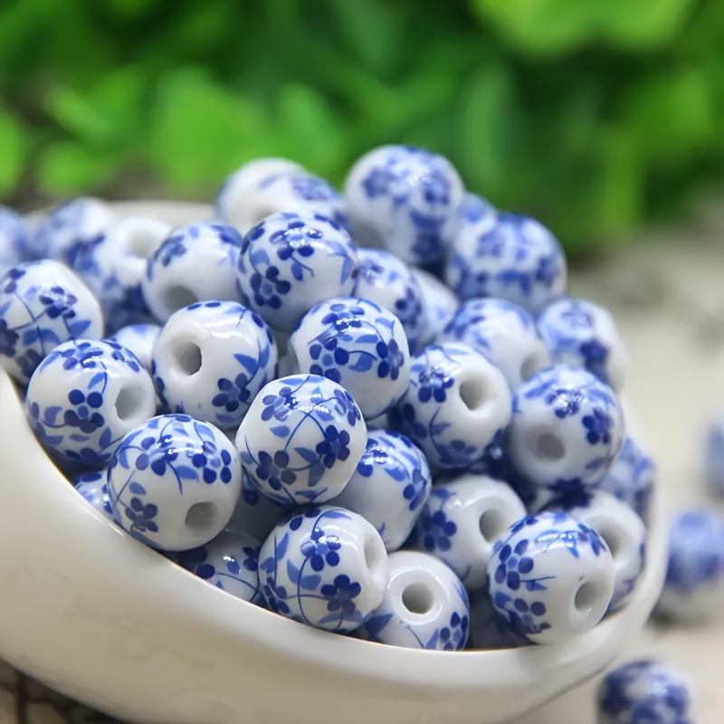 

50pcs Vintage Fashion Blue And White Orchid Round Ceramic Beads For Jewelry Making Diy Woven Bracelet Necklace Beaded Curtain Decorative Beautiful Elegant Accessories