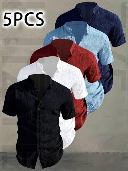 item picture obm 5pcs mens summer short sleeve shirt lightweight breathable solid color button up casual shirt with stand collar machine washable for beach vacation pool party and casual attire beach shirt summer shirt men