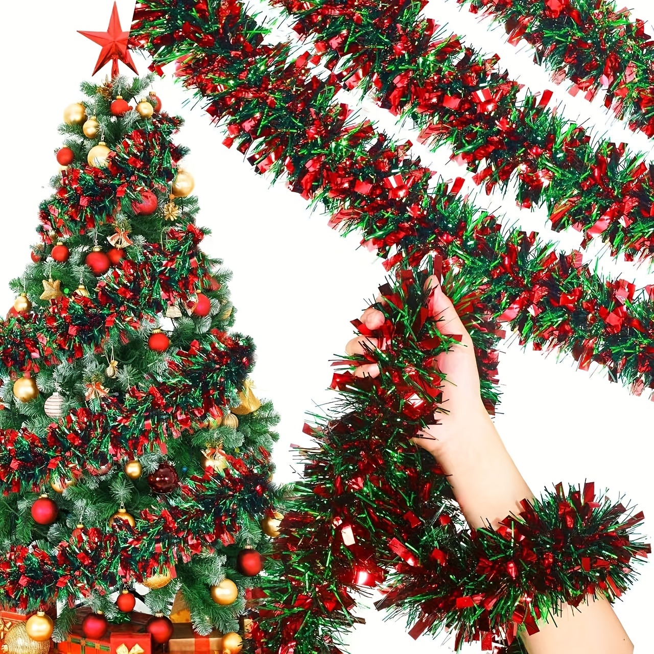 

2m Premium Christmas Garland - Festive Red & Green Tinsel Ribbon For Holiday Decor, Party Supplies & Scene Setup, Best For Christmas