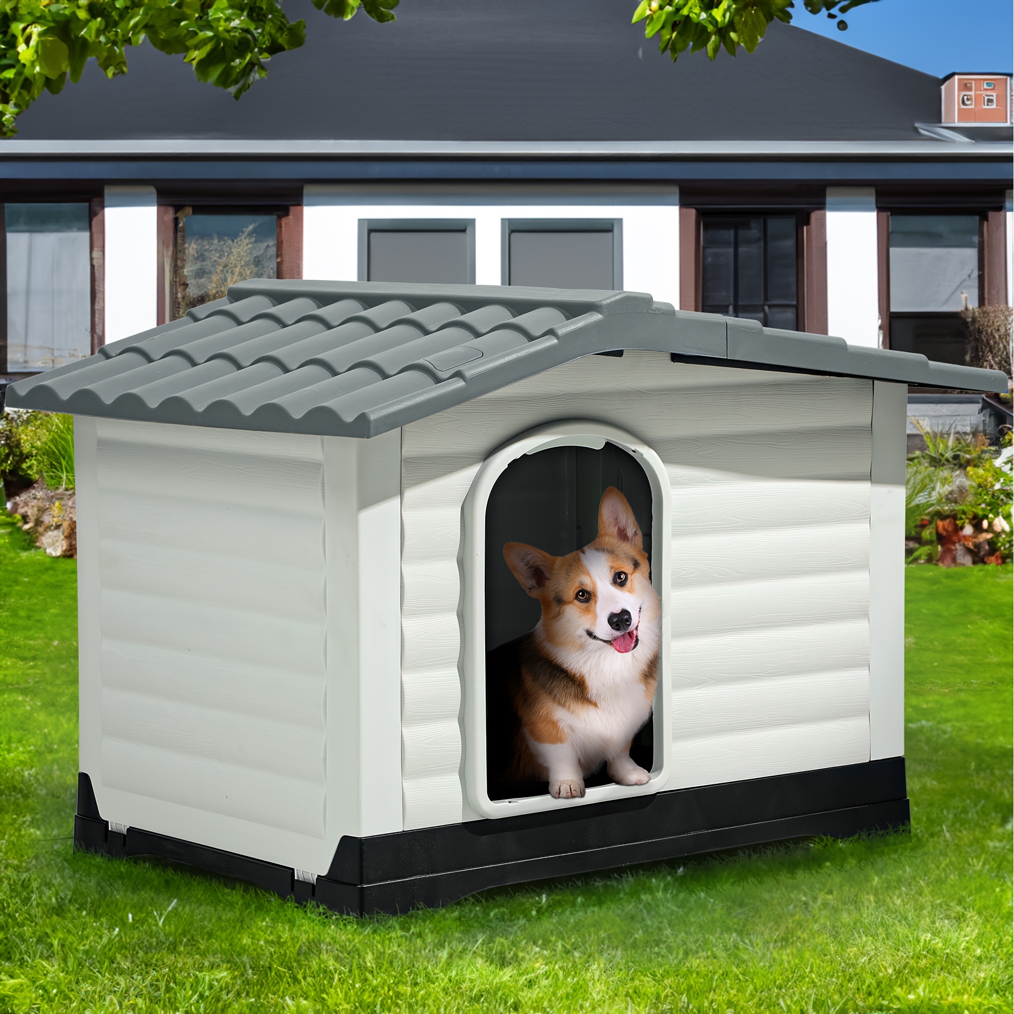 TEMU Yarsca Large Double Door Dog House With Porch & Cushion, Outdoor Plastic Doghouse With Elevated Base, Easy To Install, Water-resistant Pet House For Medium Large Dogs