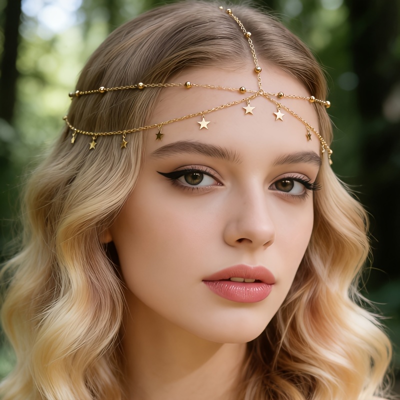 TEMU 1pc Catena Bohemien Stellare per Fronte con Nappa, Catena per Capelli, Sposa, Abito da Sposa, Copricapo, Stile Facile, Pendente a Forma di Cuore