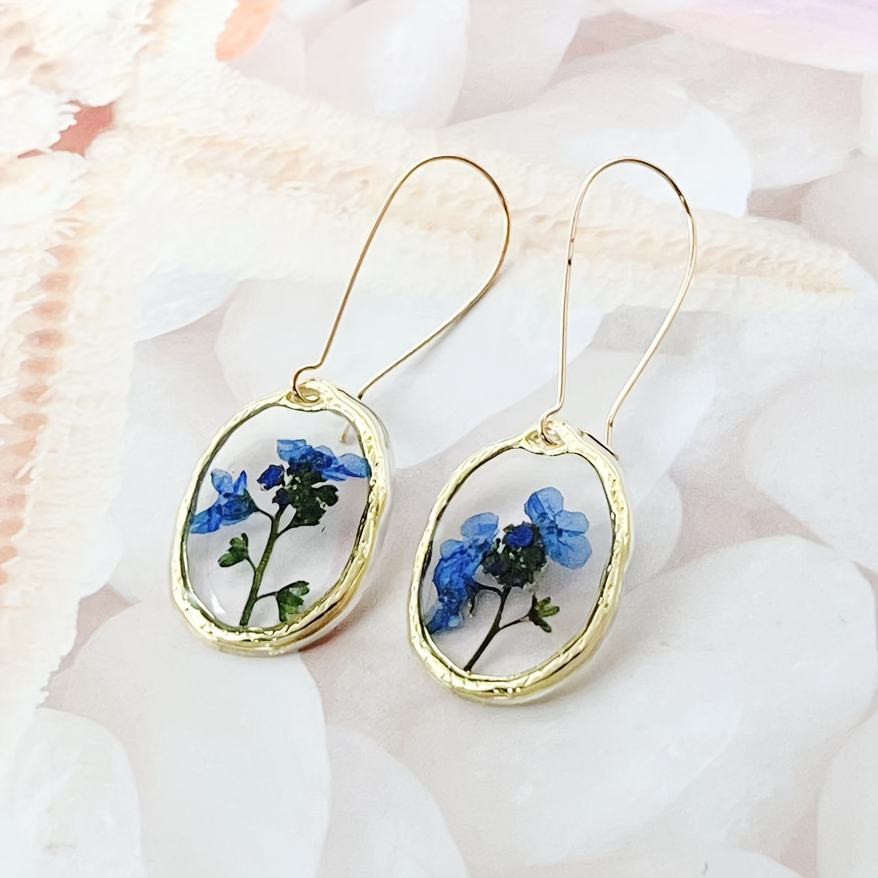 

Vintage Boho Style Dangle Earrings With Flowers In Transparent Resin, Zinc Alloy Frame With Iron Ear Needle - Handcrafted Fashion Jewelry For Gifts And Parties