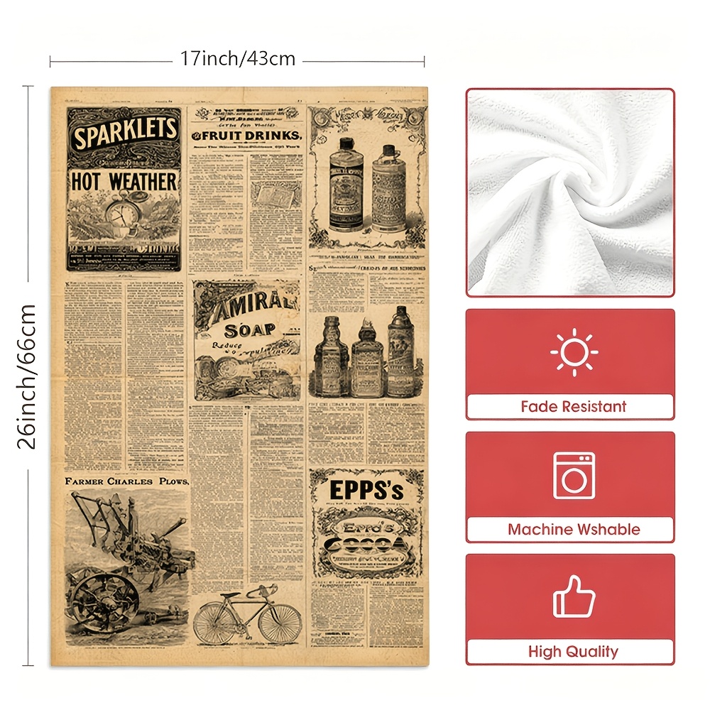 TEMU 2pcs Vintage Newspaper Print Kitchen Towels, Cooking Baking Tea Towels, For Kitchen Cooking, Table Wiping, Bathroom Wiping, Machine Washable,