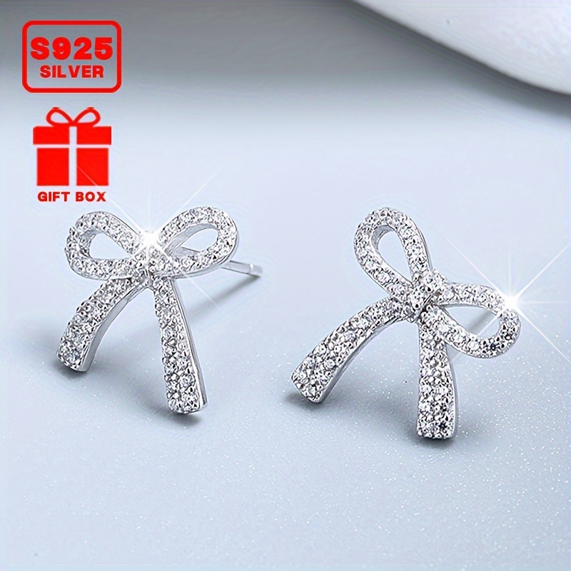 

Total Weight About 1.5g 2pcs Women's Fashion Earrings 925 Pure Silvery Set With Synthetic Zirconia Bow Women's Earrings Earrings Suitable For Activities And Gatherings, Suitable For Gifting