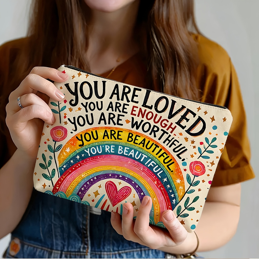 TEMU 1 Cosmetic Bag - ", Enough, It, Beautiful" Double-sided Printed Cosmetic Bag With Zipper, Lightweight Travel Toiletries And Coin Purse, Ideal