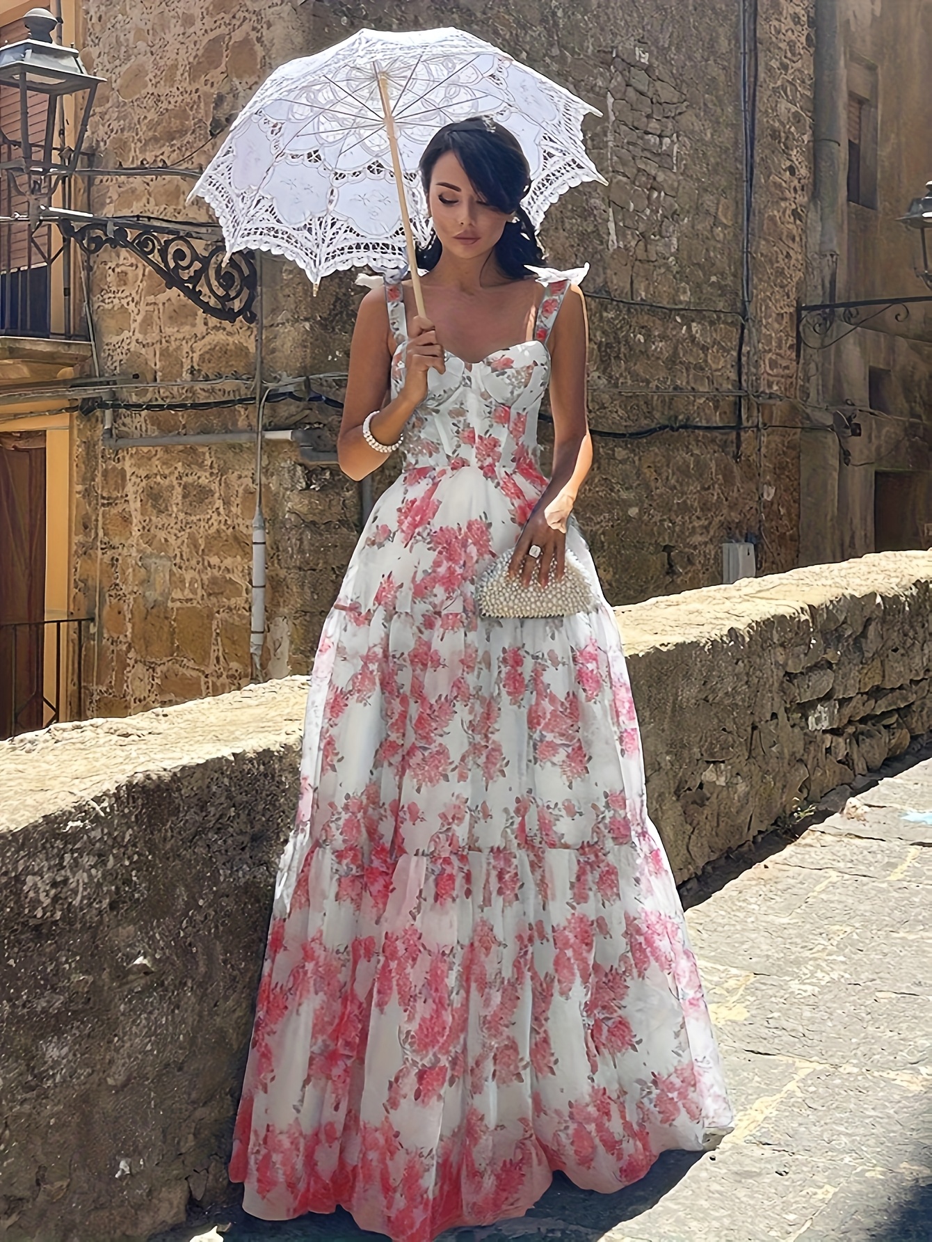 elegant floral shoulder maxi dress sleeves tulle Temu Mauritius