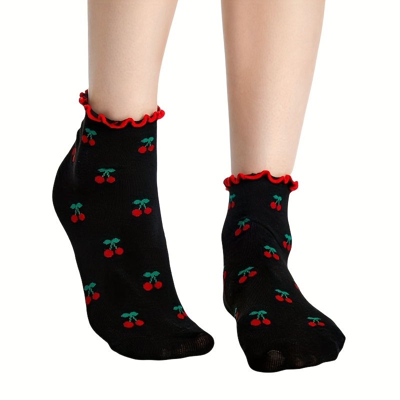 Image of 1 Pair Kawayi Women's Black Mid-calf Socks With Red Trim, Cartoon Cherry & Leaf Pattern - Soft Breathable Casual Fashion Socks For Casual Attire, Ruffle Socks, Sock Design