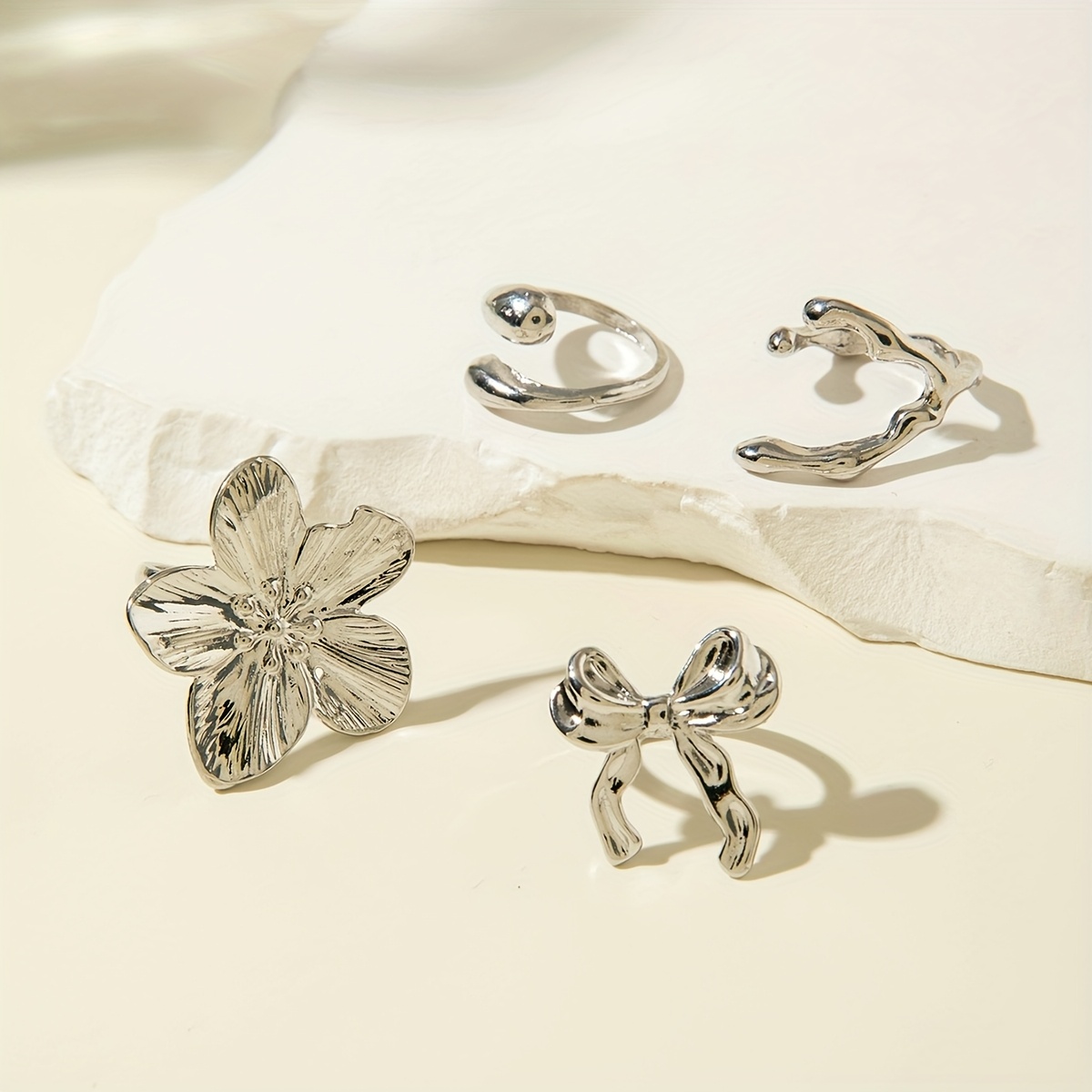 4pcs Geometric Irregular Open Ring Set with Floral Bowknot