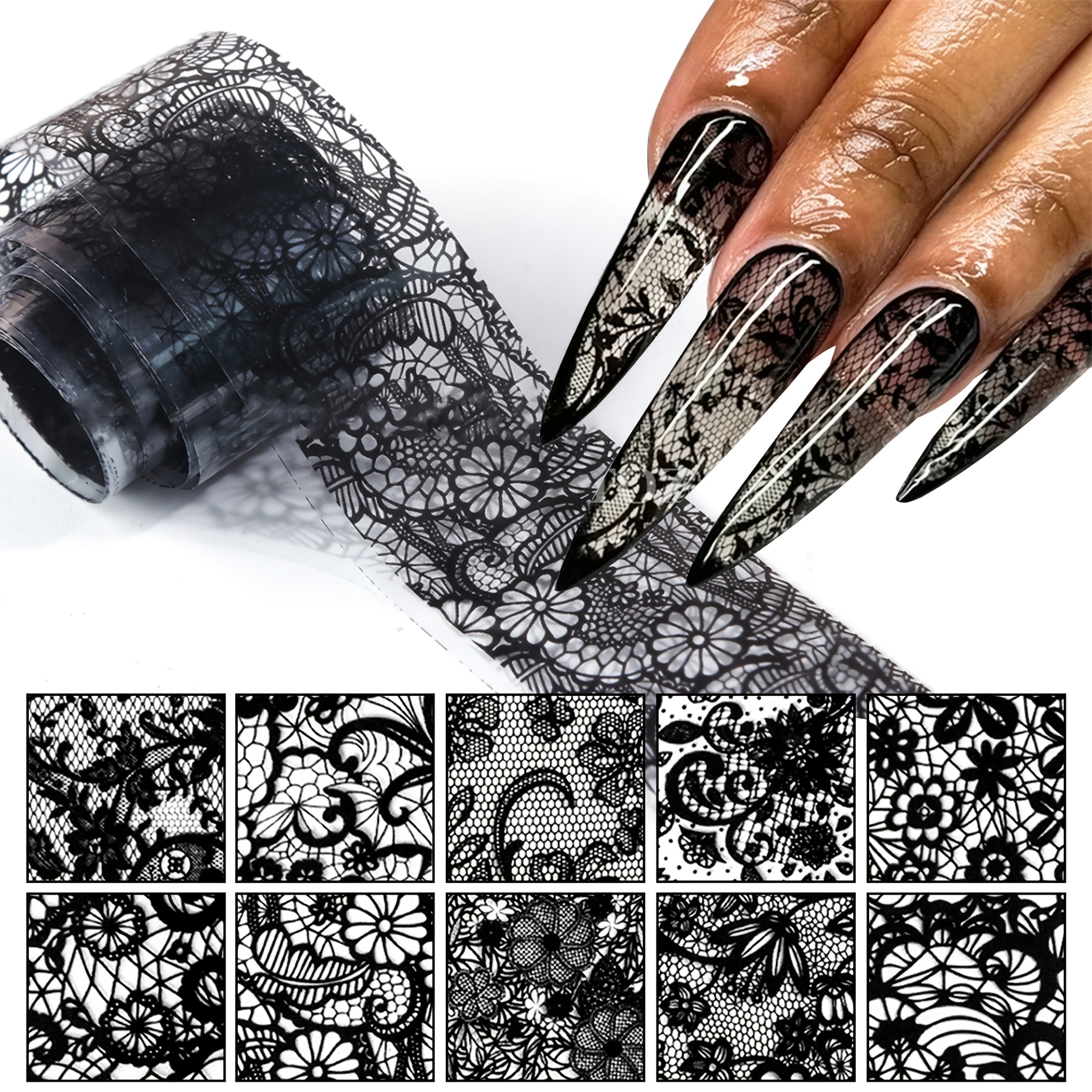 10pcs Lace Floral & Geometric Nail Art Transfer Stickers - Self-adhesive Odorless Nail Decals For Use, Hand & Foot Care - Fantasy Theme Disposable Nail Decor For Women & S, Nail Accessories
