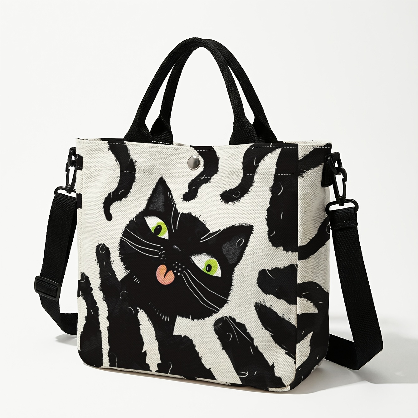 TEMU Black Cat Pattern 2d Printed Small Handbag, Wear-resistant + Adjustable Shoulder Strap + Snap Closure | Fits Phone/wallet | Switch Between