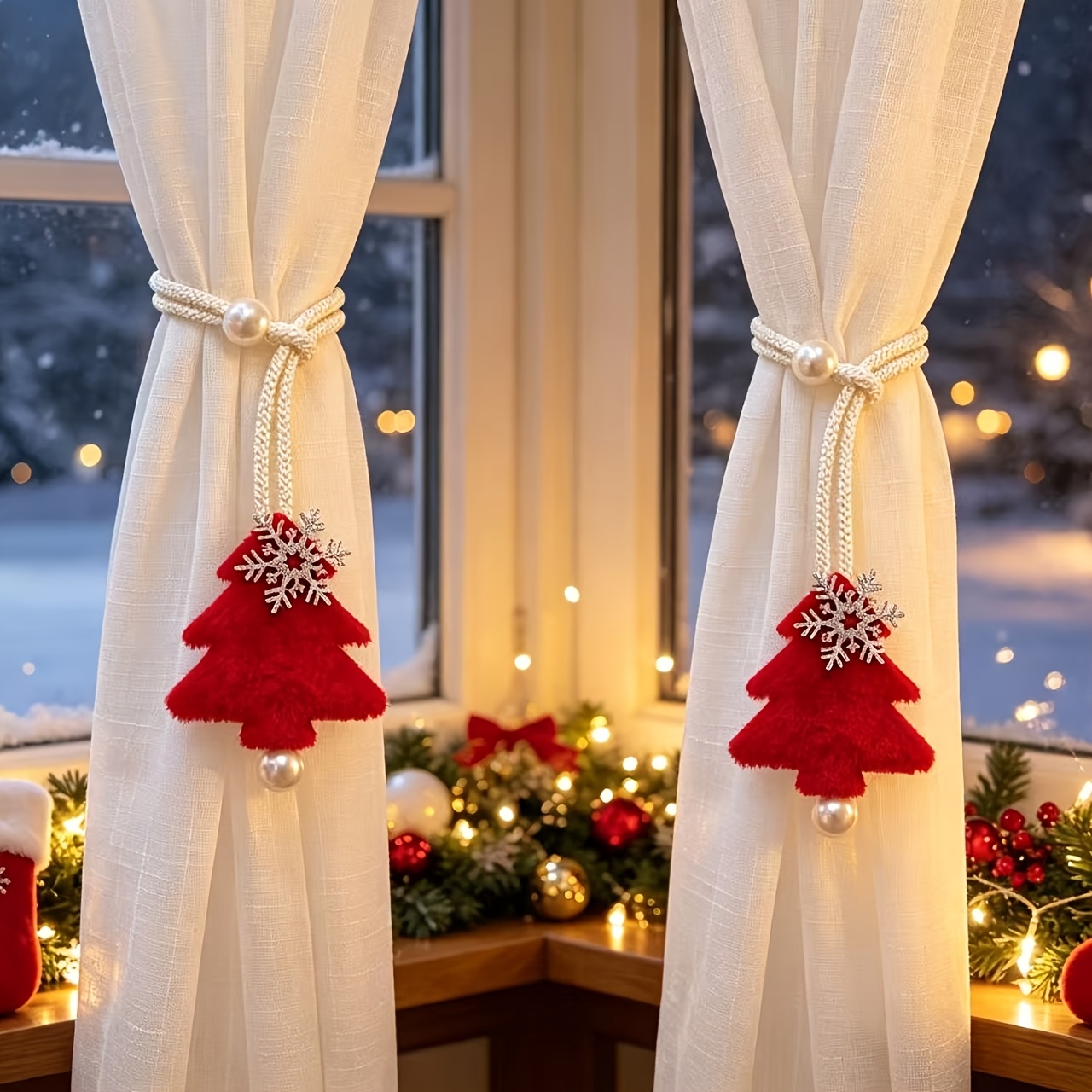 TEMU Lot de 2 attaches de rideau décoratives de de neige pour sapin de Noël, rangement facile et pratique pour les rideaux, convient aux rideaux