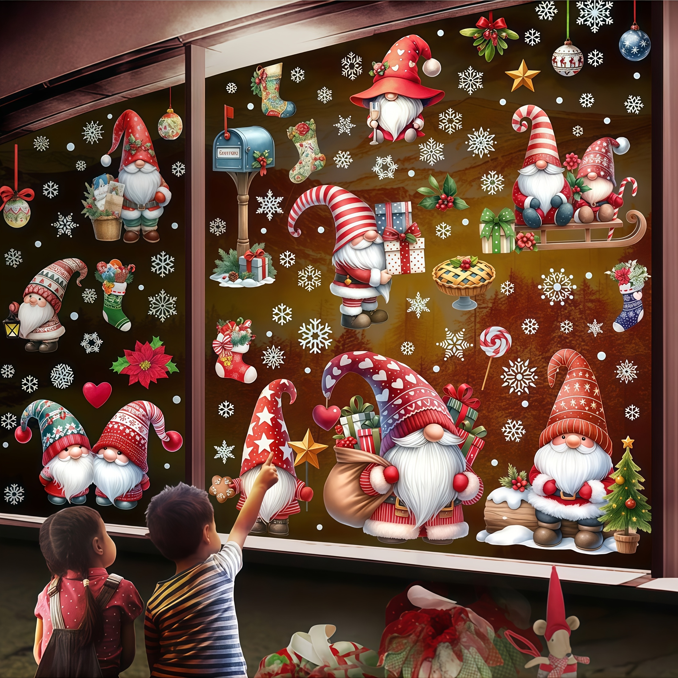 Image of Christmas Window Clings, Gnome Window Stickers, Window Decals Snowflake, Gnome Christmas Truck, Home Decorations, Thanksgiving Xmas Gifts, Kitchen, Living Room, Bedroom Window Stickers