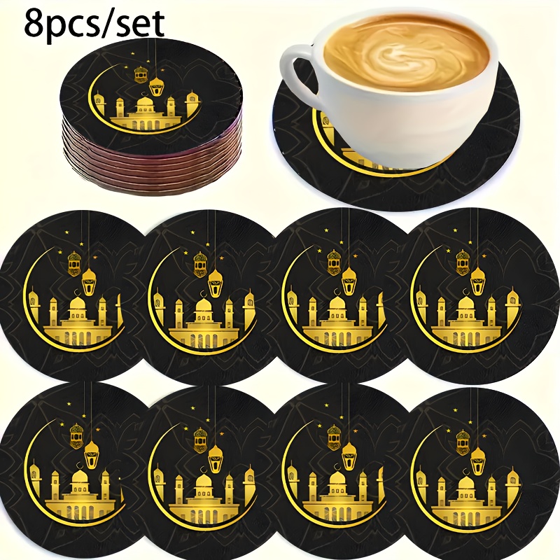 TEMU 8pcs Set Wooden Coasters, Heat-resistant Synthetic Wood Drink Mats, Non-slip Kitchen Accessories, Ramadan Eid Al-fitr Home Decor, Festive