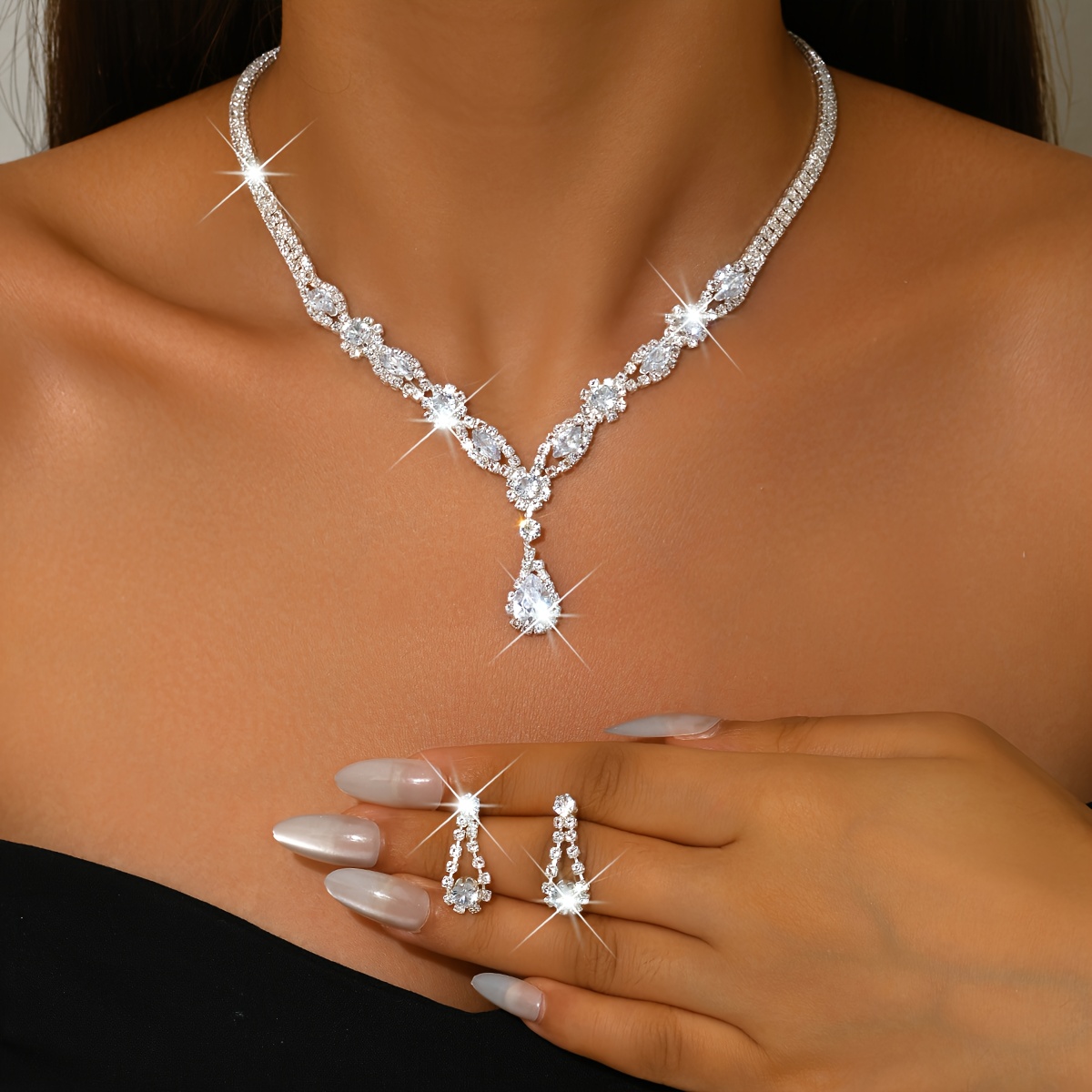 E-shop Juwelen-Set für Brautjungfern, Tränenförmige Strass-Halskette Ohrringe Set, Hochzeitsschmuck, Vintage-Halskette, Weihnachtsschmuck Geschenk