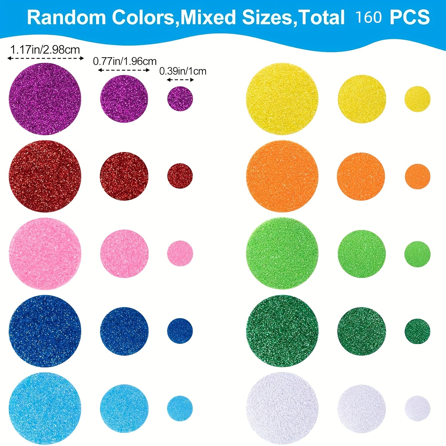 160pcs/pack Mixed Random Color Glitter Round Foam Stickers Handmade Crafts Self-adhesive Foam Stickers Decorative Stickers