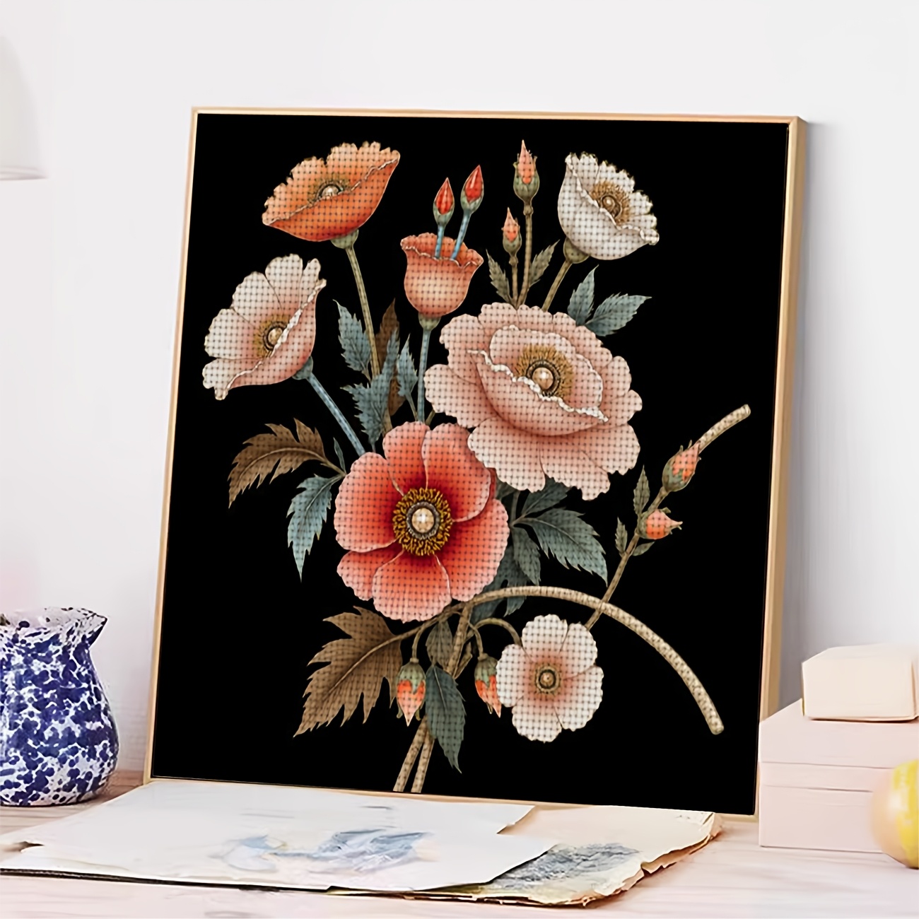 Cross-Stitch Printing Kit, Colorful Bouquet on Black Background