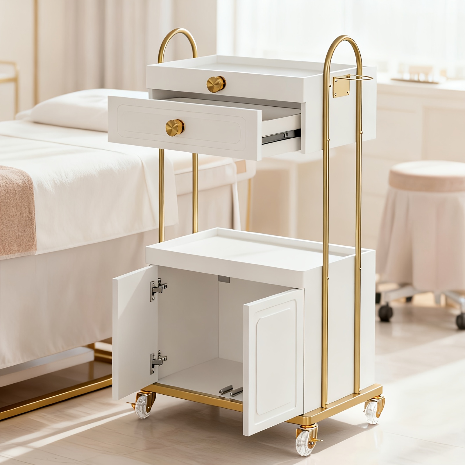 TEMU With Universal Wheels | Wood Storage Rolling Cart With Drawer, Barber Shop Tool Organizer For Hair Stylist, Spa Metal Trolley For Storing ,