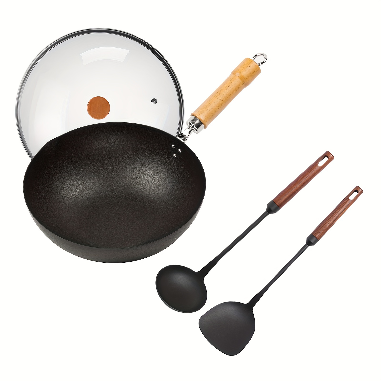 

1pc, Iron Pot, 28cm/11.02inch Iron Wok With Shovel Spoon Set, Non-coated Iron Pot Stir-fry Pan With Glass Lid, Chinese Wok For All Stove