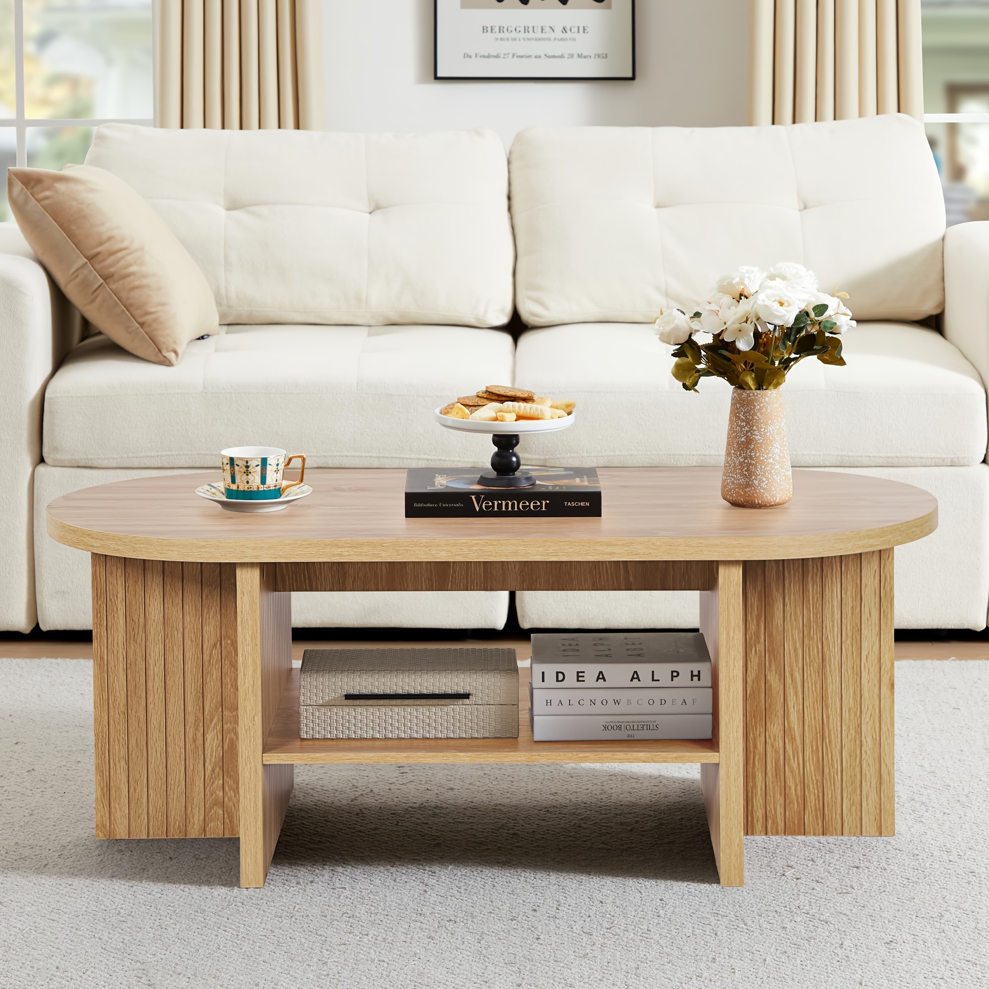 Image of 43.3" Coffee Table With Storage, Oval Coffee Tables For Living Room, Farmhouse Fluted Coffee Table With Large Storage Shelf, Wood Center Table For Small Space