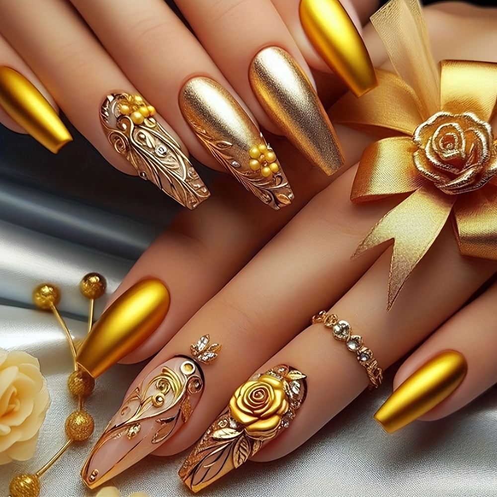 TEMU 24 Medium Pieces Ballet Fake Nails, Luxury Golden Embossed Rose Flower Wear Nail Design, Detachable Fake Nail