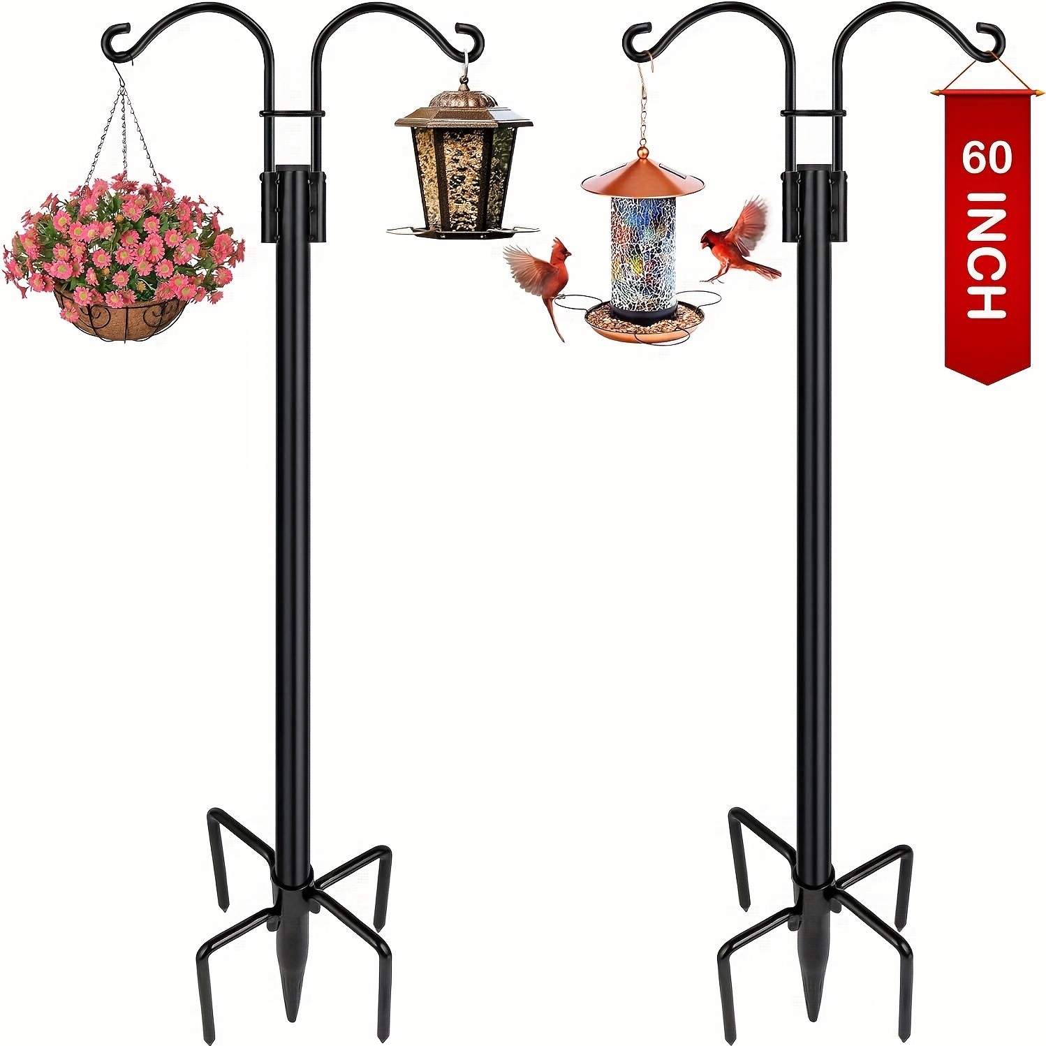 

Xdw-gifts Double Shepherd Hooks For Outdoor, 2 Packs Of Heavy Duty Garden Poles Hanging Bird Feeders, Plant Baskets, Solar Lanterns, Garden Plant Hanger Stands With 5 Base Forks 60 "metal Shelves