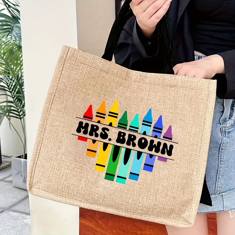 

1pc Personalized Name Teacher Bag With Colorful Pencil Pattern, Custom Burlap Tote Bag Shoulder Bag, Ideal Gifts